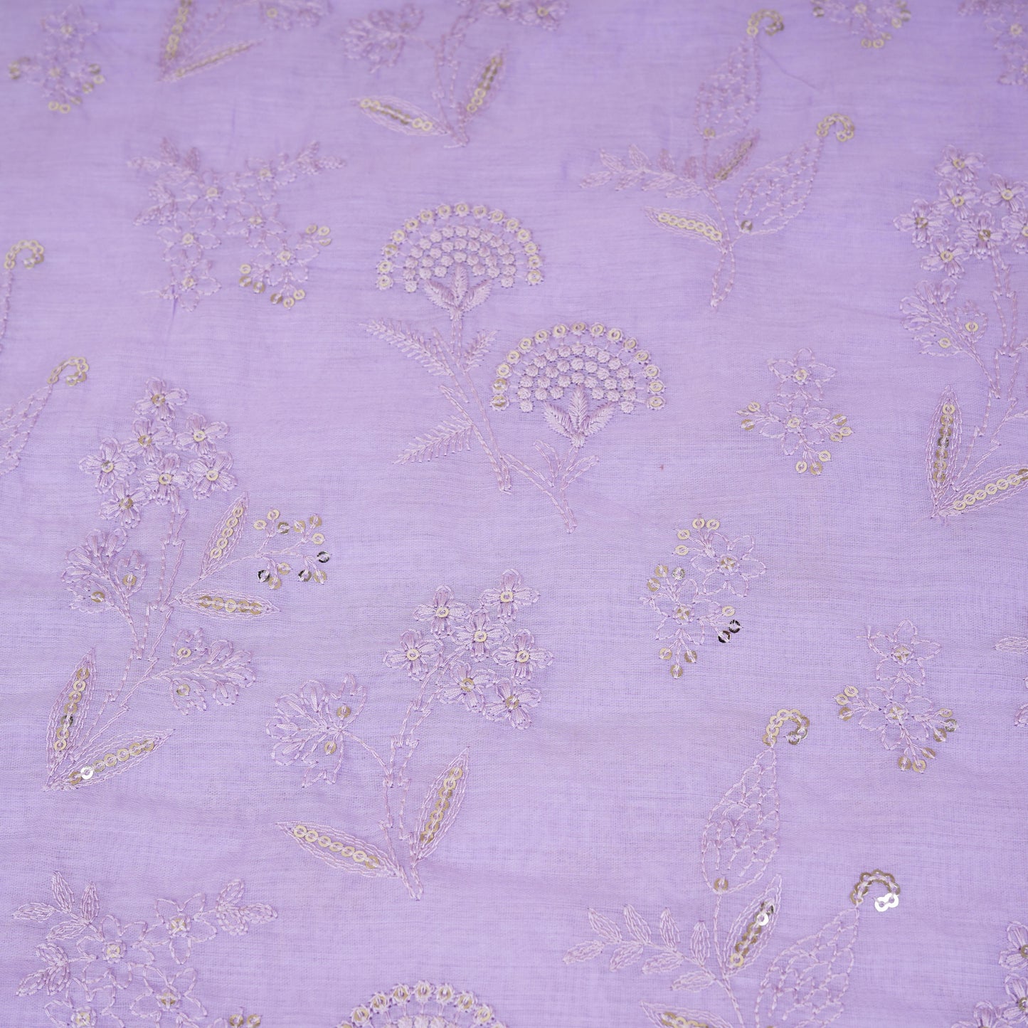 Lavender Floral Embroidery Mul Chanderi Fabric DC-30337
