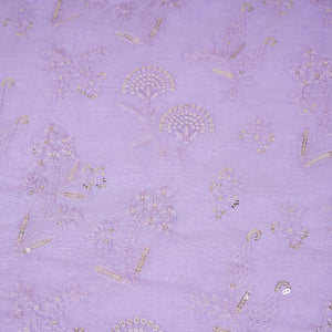 Lavender Floral Embroidery Mul Chanderi Fabric DC-30337 - TradeUNO