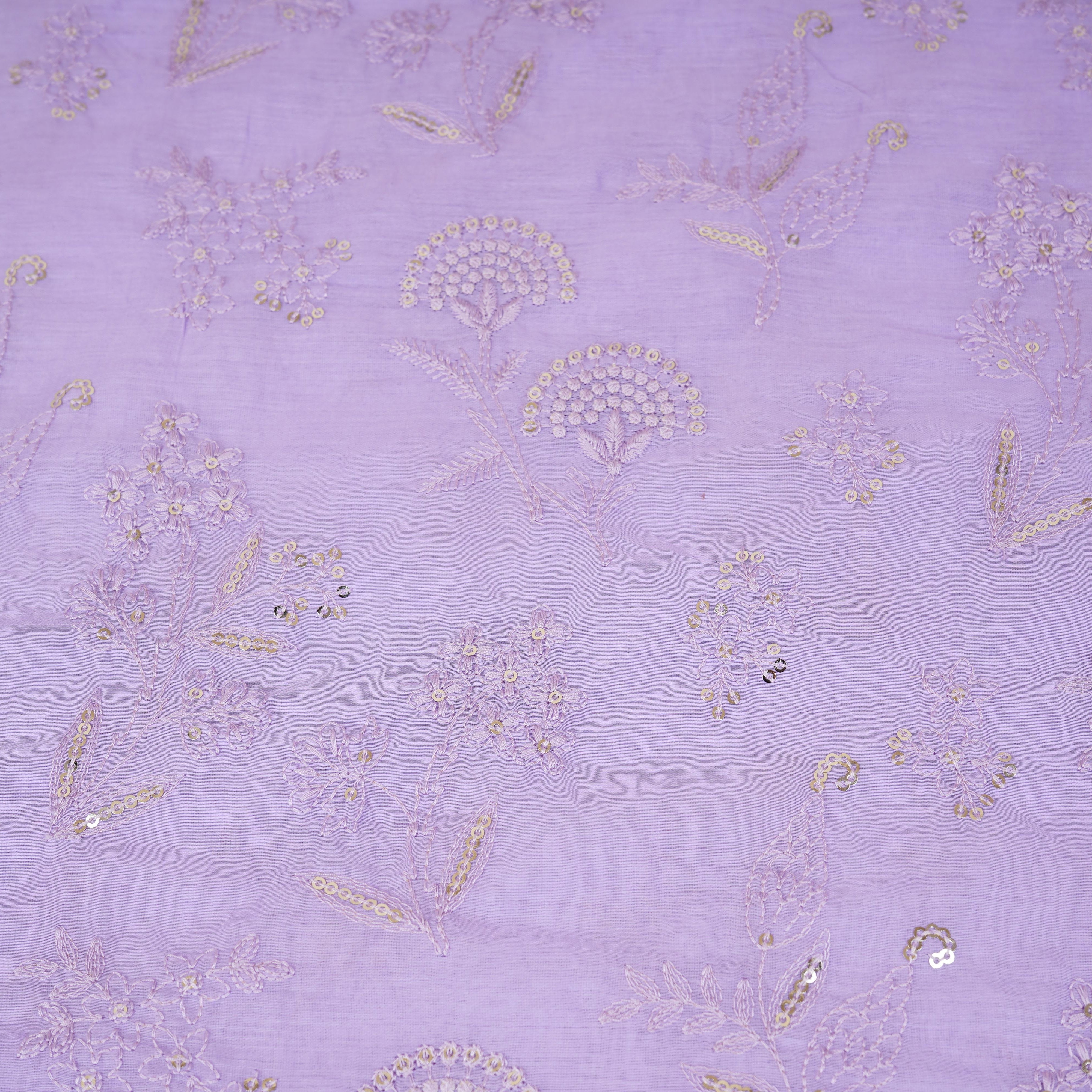 Lavender Floral Embroidery Mul Chanderi Fabric DC-30337 - TradeUNO