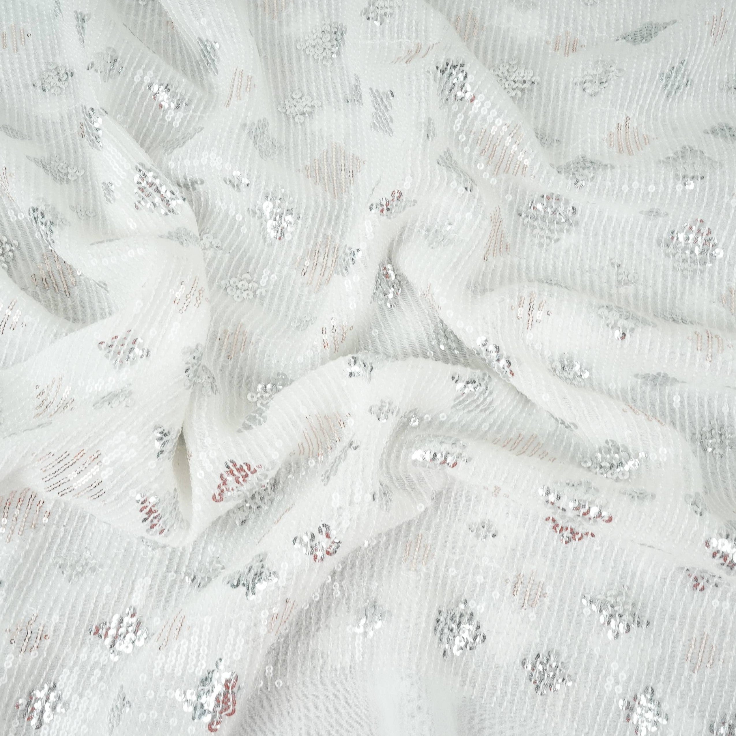 White Dyeable Geometrical Sequins Embroidery Georgette Fabric DR-32403 - TradeUNO