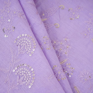 Lavender Floral Embroidery Mul Chanderi Fabric DC-30337 - TradeUNO