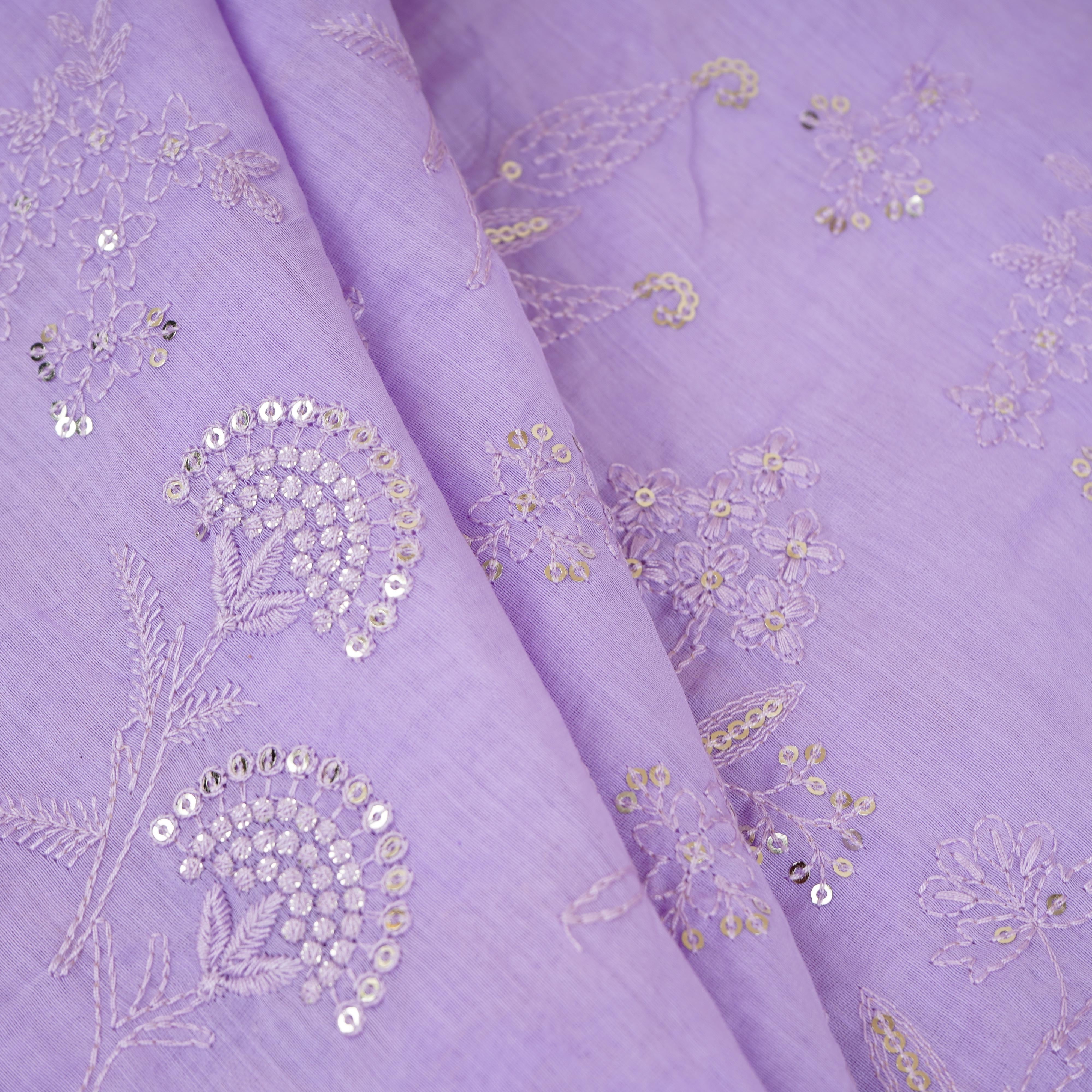 Lavender Floral Embroidery Mul Chanderi Fabric DC-30337 - TradeUNO