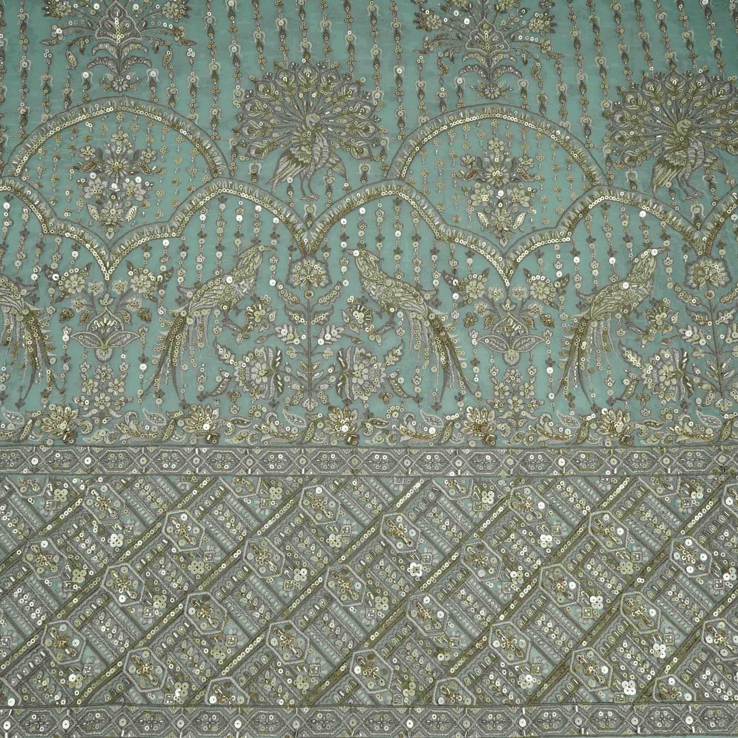 Light Grey Mughal Bird & Floral Jaal Embroidery Georgette Fabric DR-32395