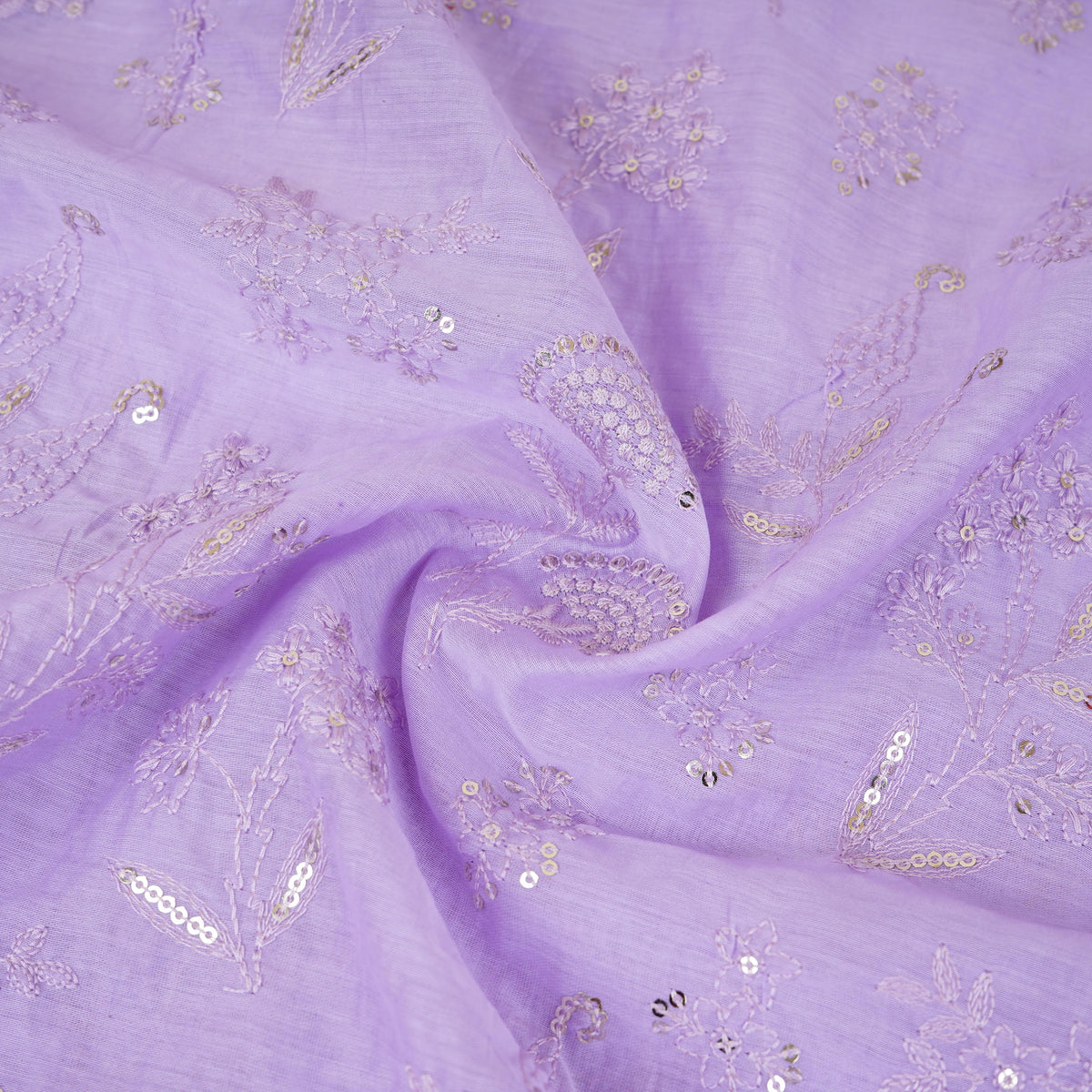 Lavender Floral Embroidery Mul Chanderi Fabric DC-30337 - TradeUNO