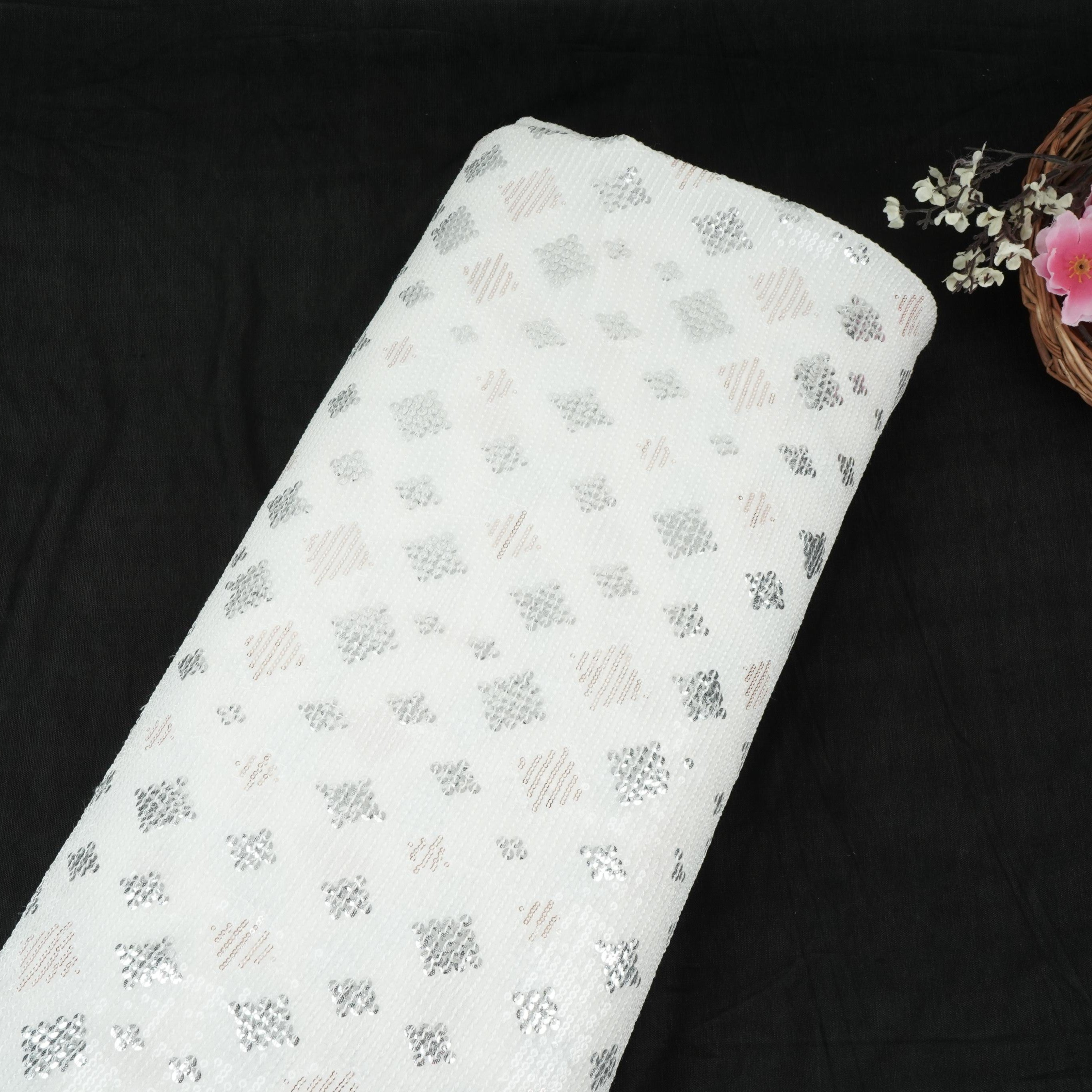 White Dyeable Geometrical Sequins Embroidery Georgette Fabric DR-32403 - TradeUNO