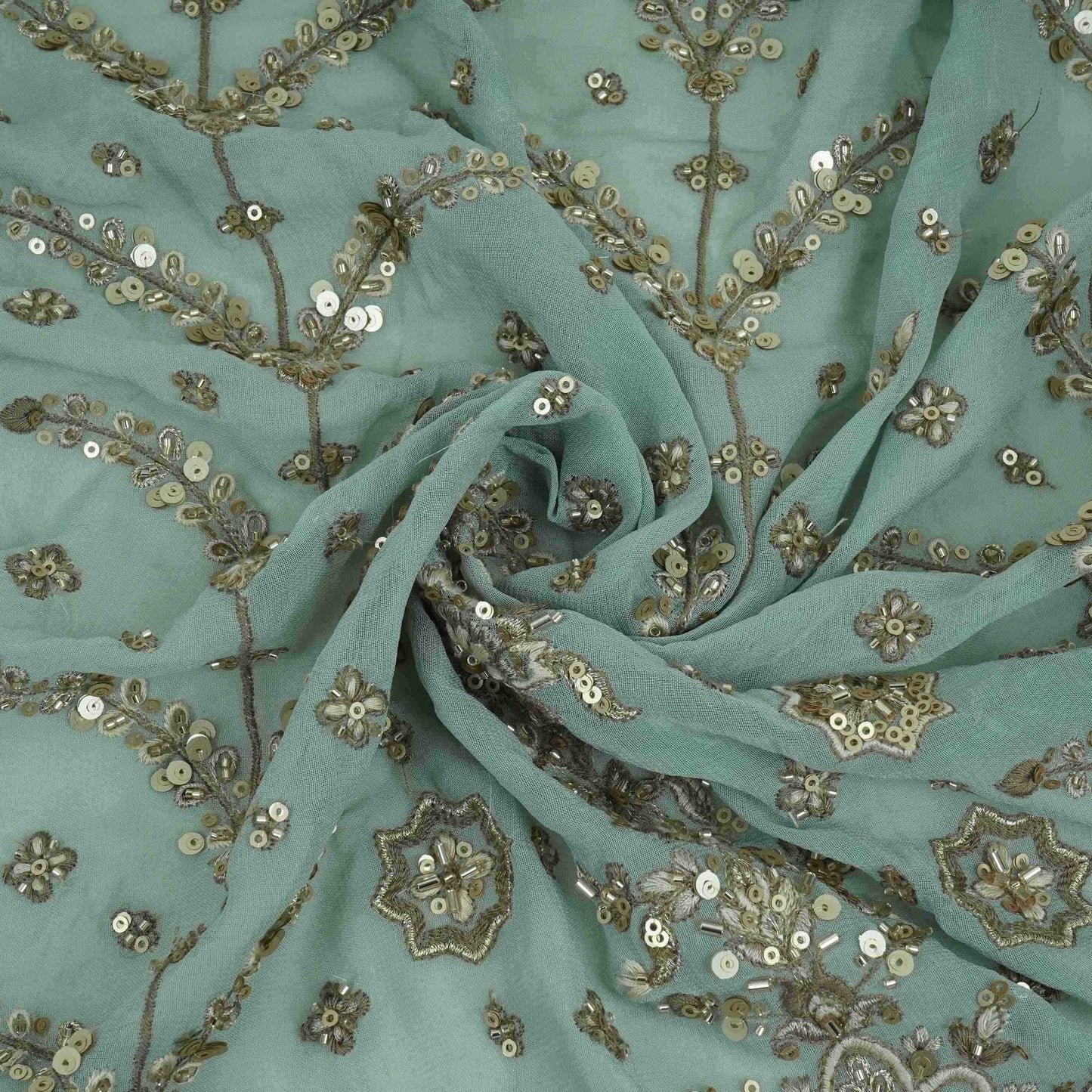 Light Grey Mughal Bird & Floral Jaal Embroidery Georgette Fabric DR-32395