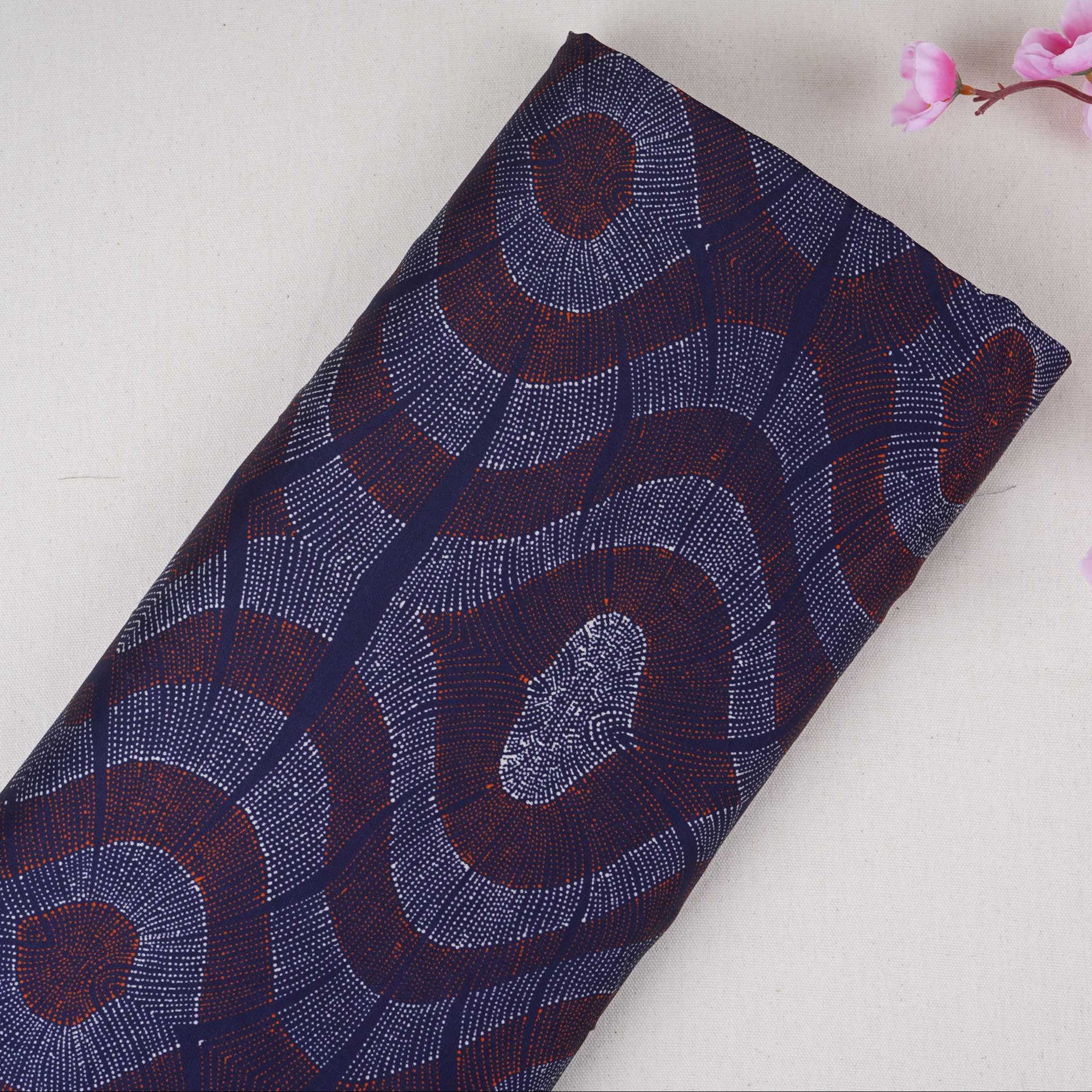 Navy Blue Abstract Print Satin Linen Fabric MT-30979 - TradeUNO