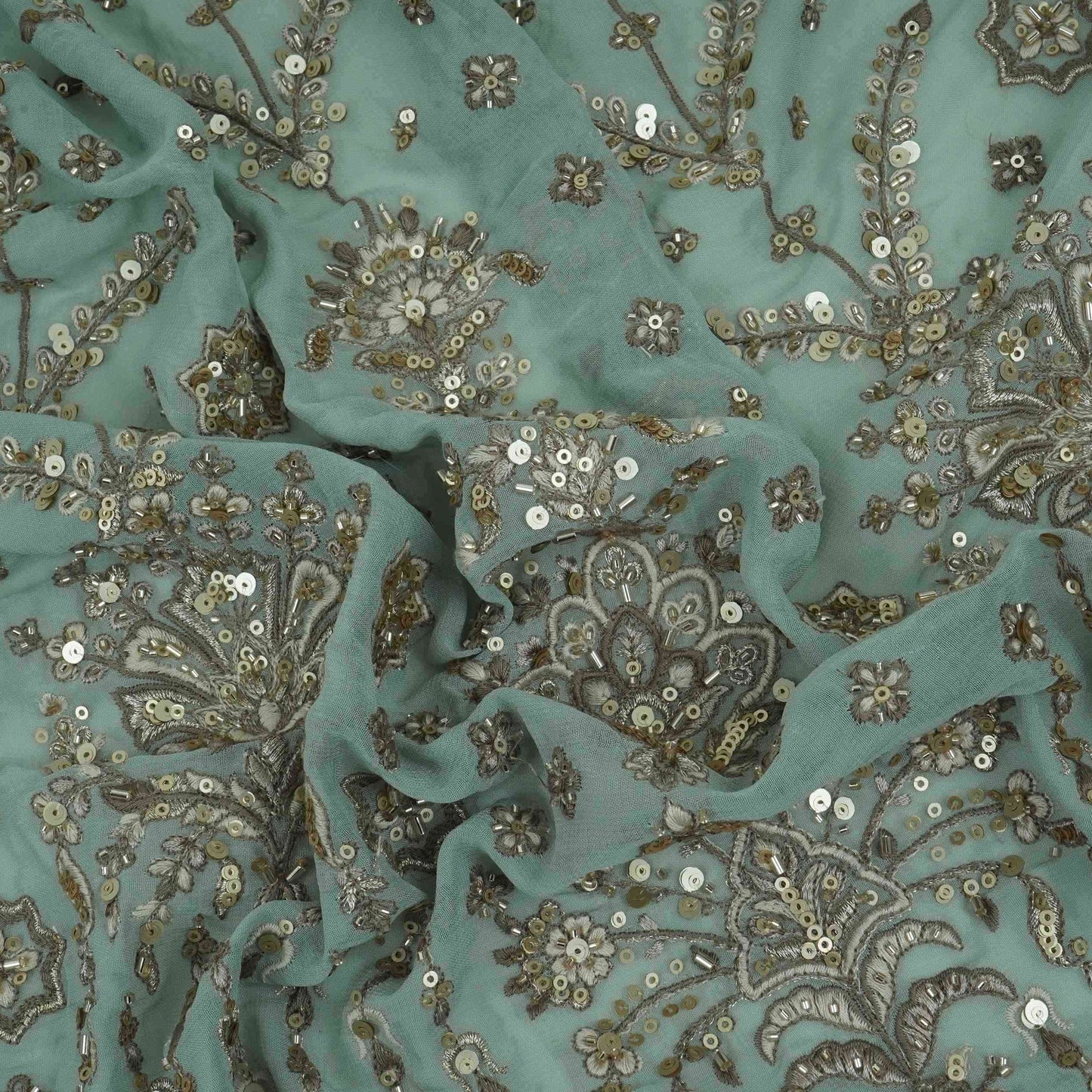 Light Grey Mughal Bird & Floral Jaal Embroidery Georgette Fabric DR-32395