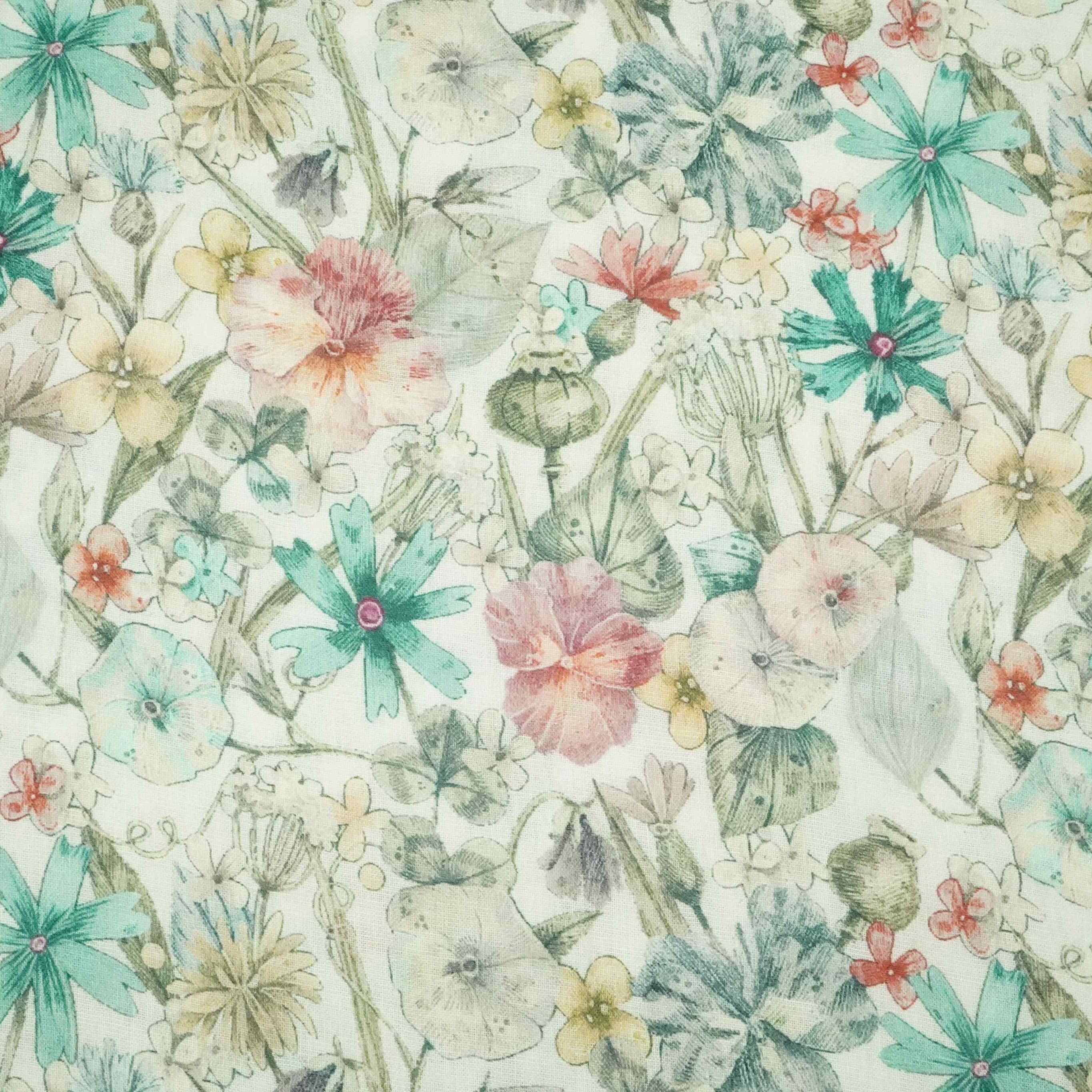 Off White Floral Print Cotton Linen Fabric RT-30970 - TradeUNO