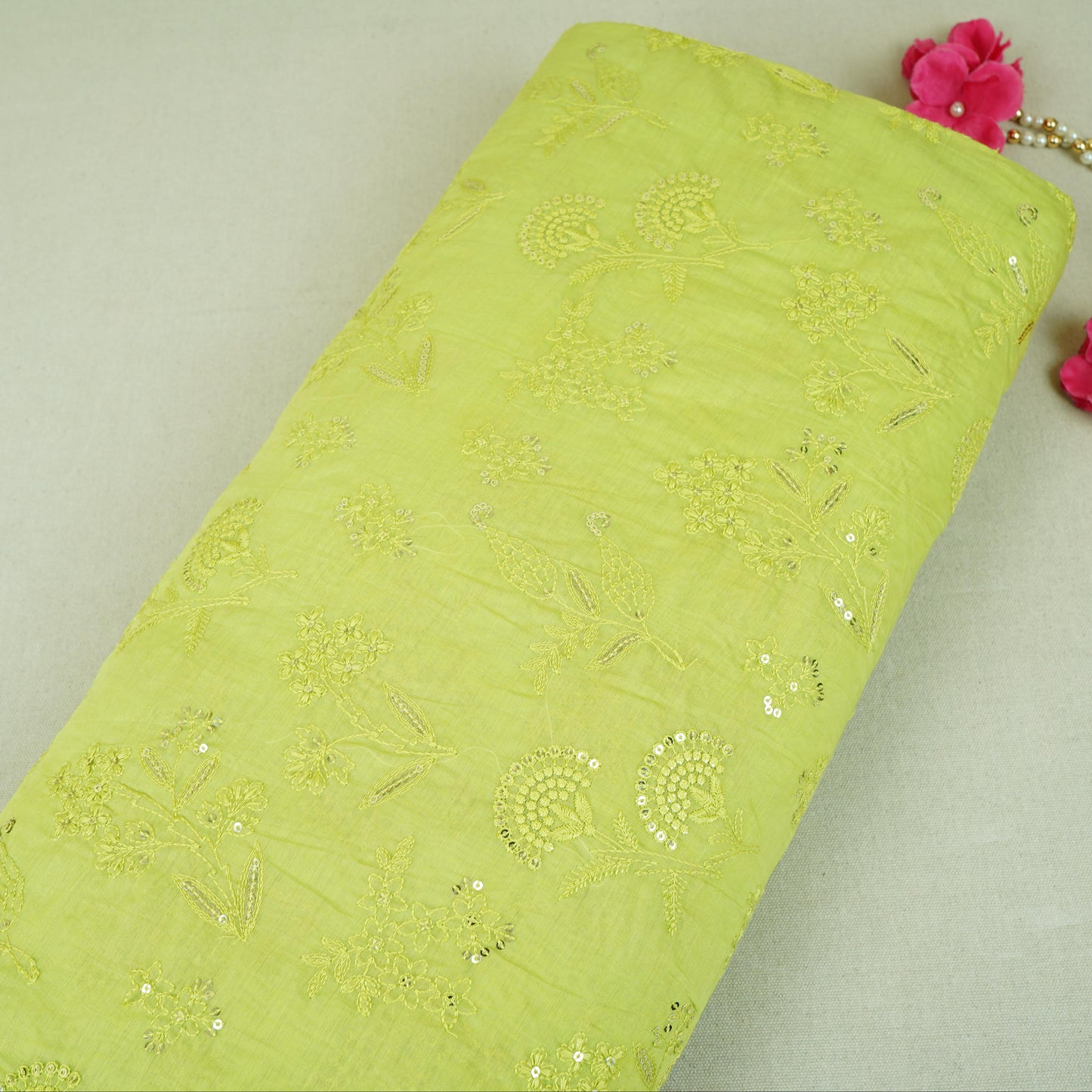 Light Green Floral Embroidery Mul Chanderi Fabric DC-30346