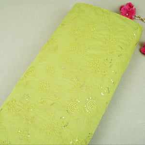 Light Green Floral Embroidery Mul Chanderi Fabric DC-30346 - TradeUNO