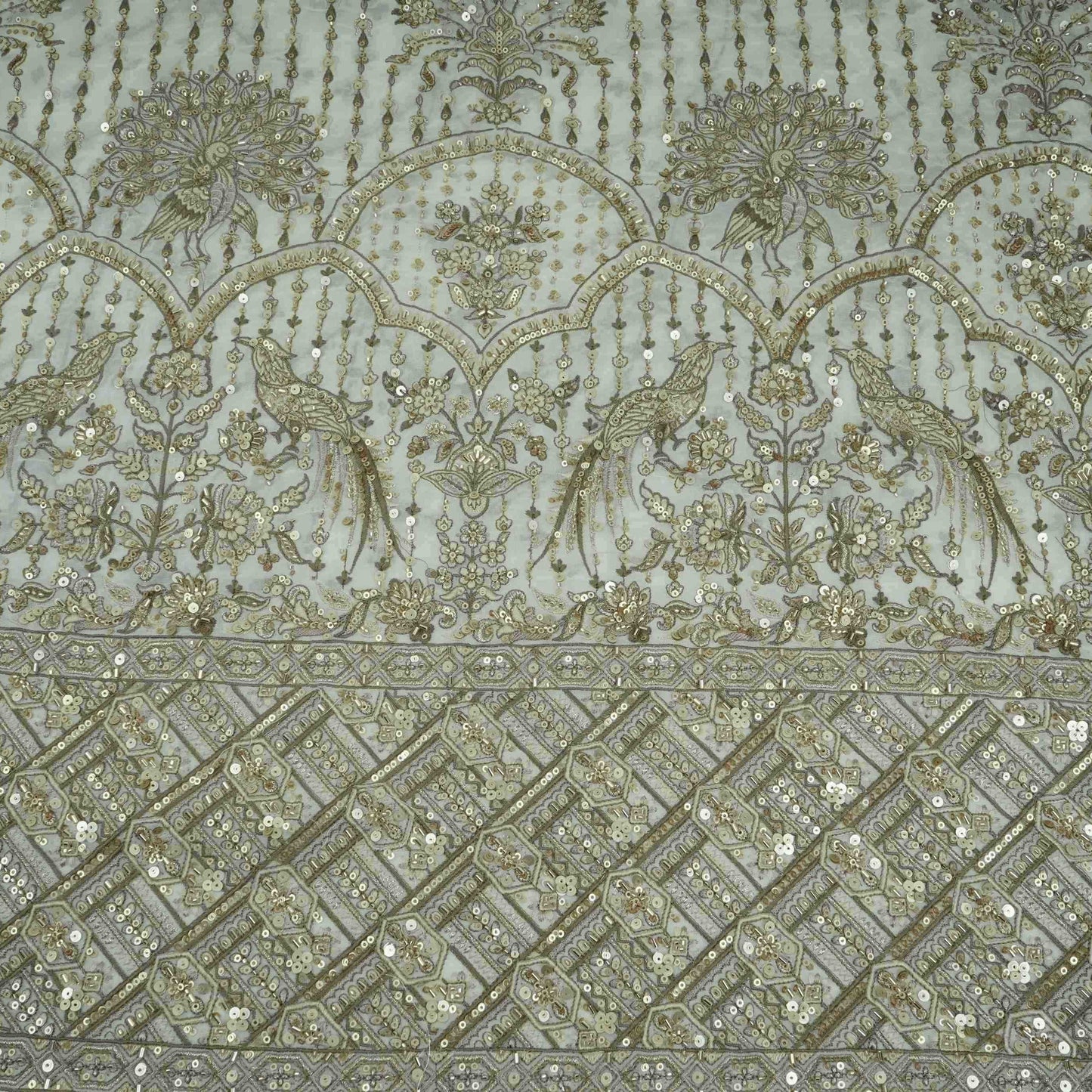 Off White Mughal Bird & Floral Jaal Embroidery Georgette Fabric DR-32393