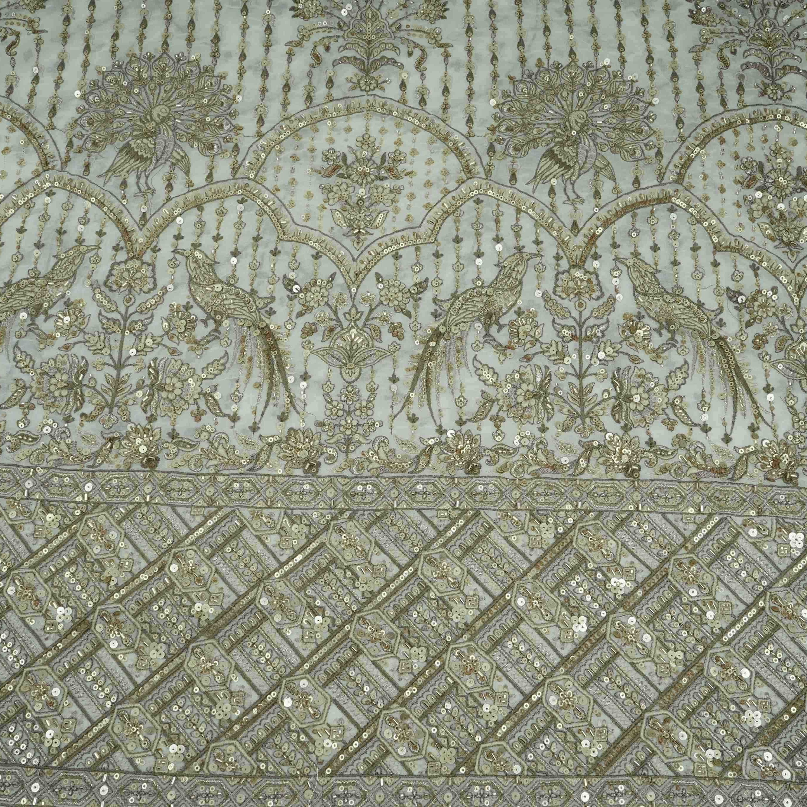Off White Mughal Bird & Floral Jaal Embroidery Georgette Fabric DR-32393 - TradeUNO