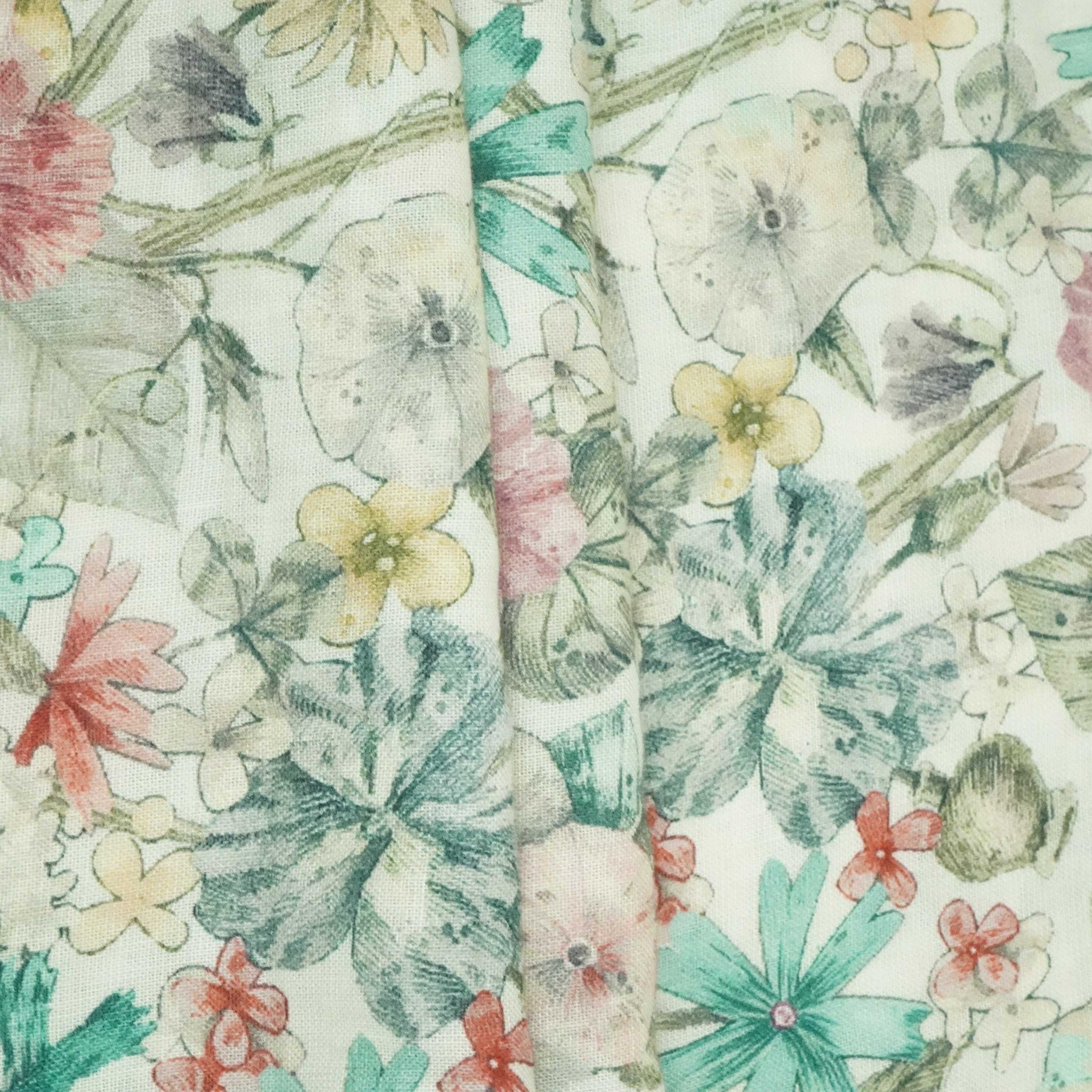 Off White Floral Print Cotton Linen Fabric RT-30970 - TradeUNO