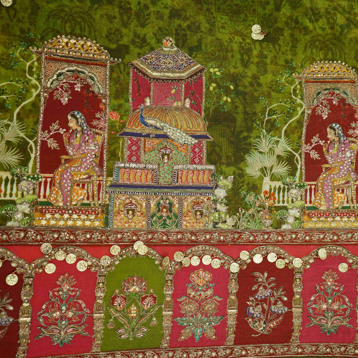 Olive Green Zari Position Embroidery Kanjivaram Silk Fabric SU-35485