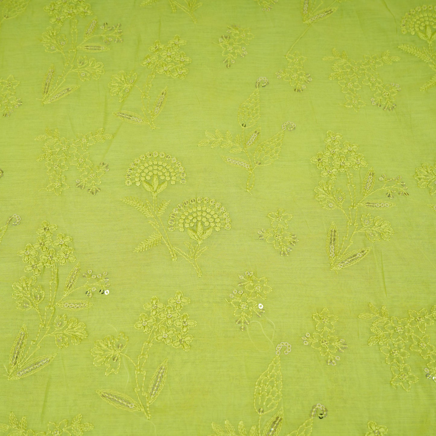 Light Green Floral Embroidery Mul Chanderi Fabric DC-30346