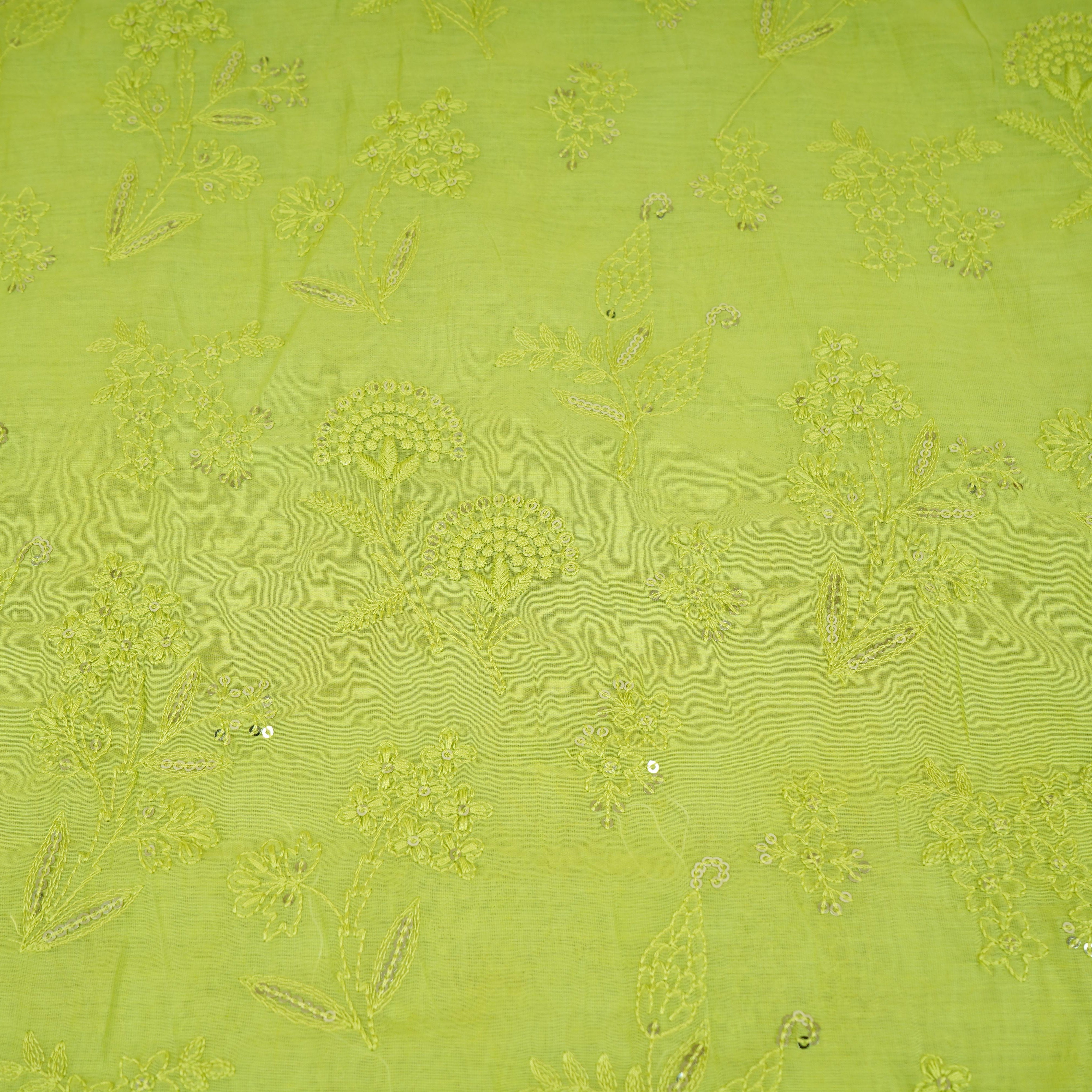 Light Green Floral Embroidery Mul Chanderi Fabric DC-30346 - TradeUNO