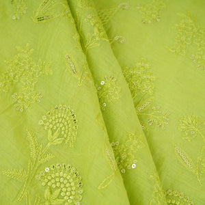 Light Green Floral Embroidery Mul Chanderi Fabric DC-30346 - TradeUNO