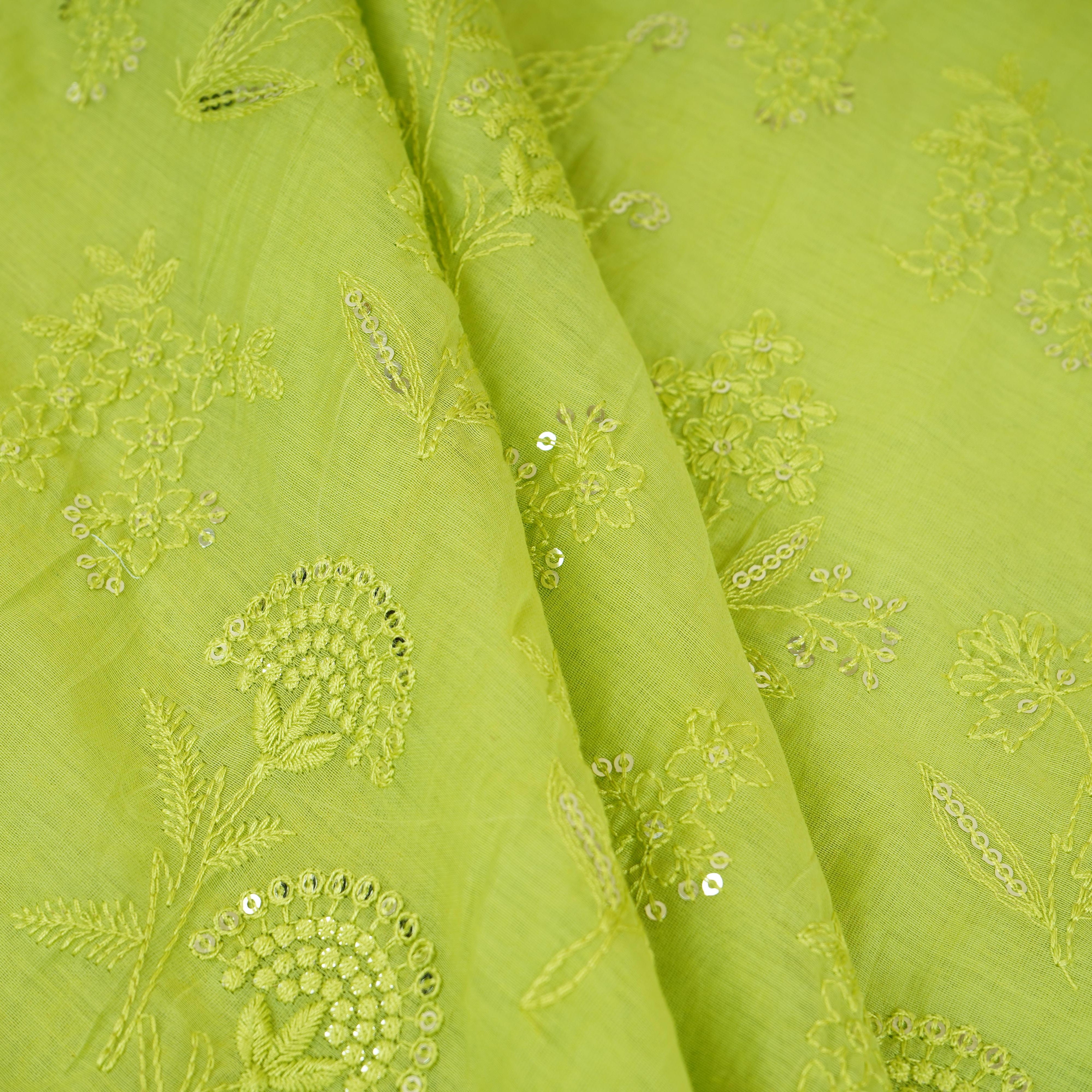 Light Green Floral Embroidery Mul Chanderi Fabric DC-30346 - TradeUNO