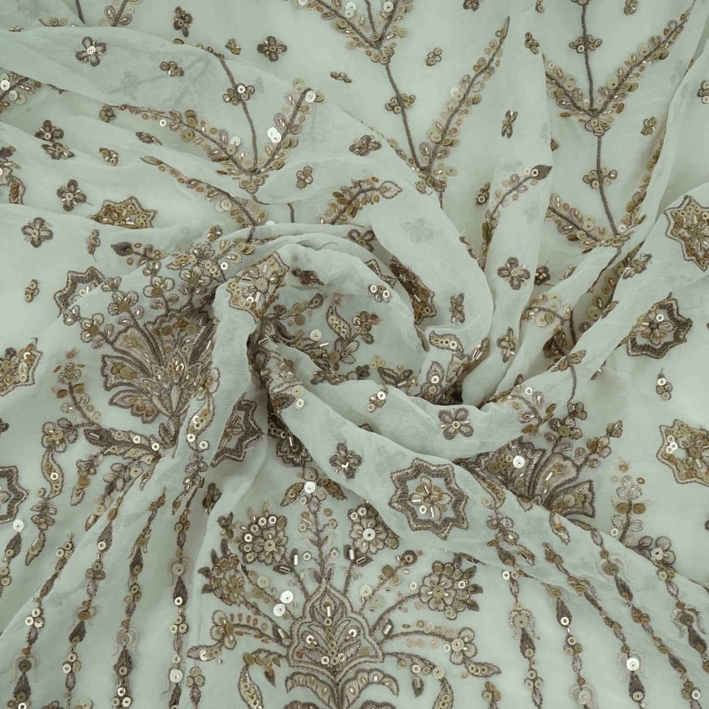 Off White Mughal Bird & Floral Jaal Embroidery Georgette Fabric DR-32393