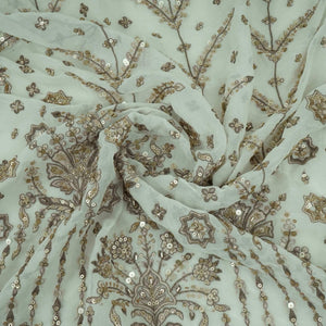Off White Mughal Bird & Floral Jaal Embroidery Georgette Fabric DR-32393 - TradeUNO