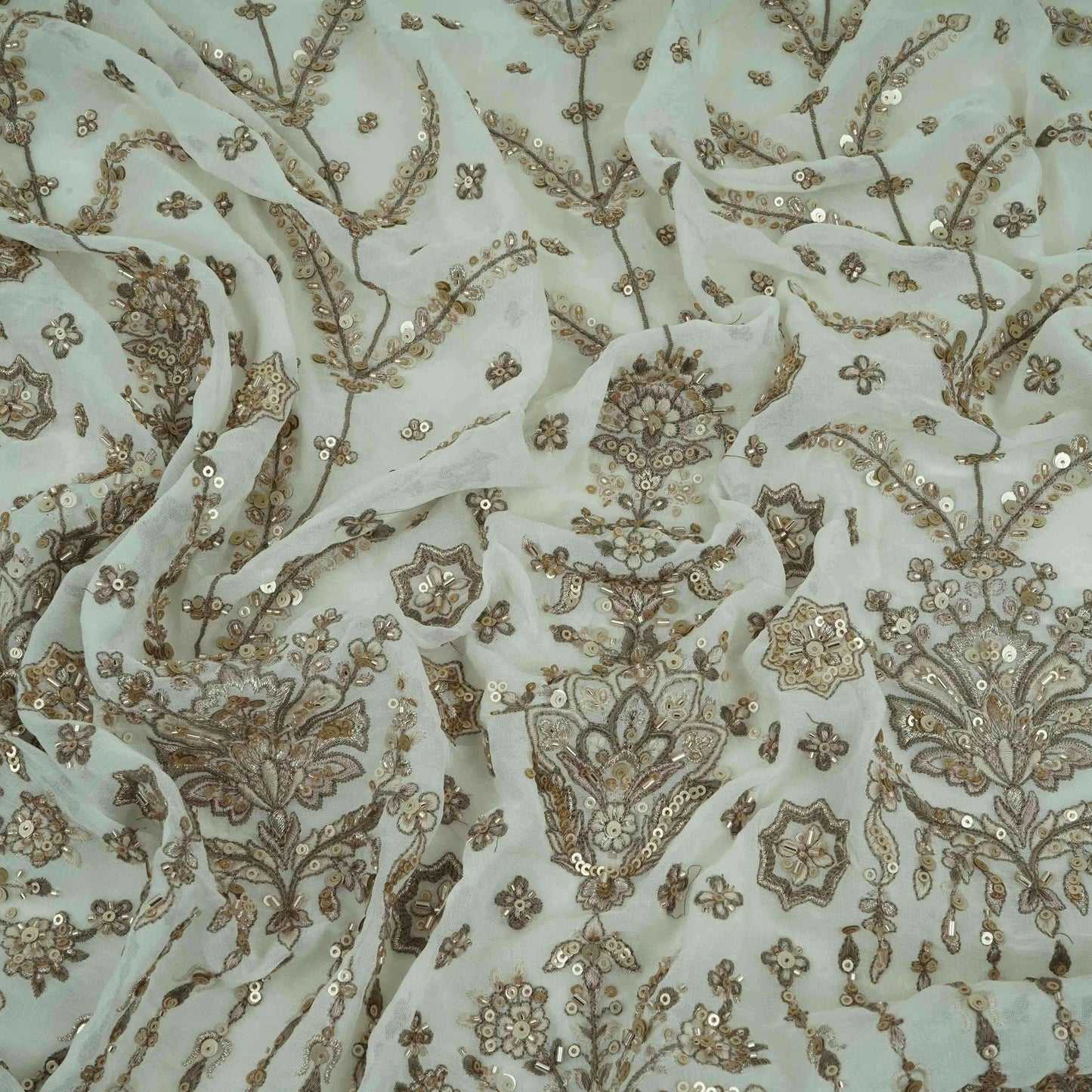 Off White Mughal Bird & Floral Jaal Embroidery Georgette Fabric DR-32393