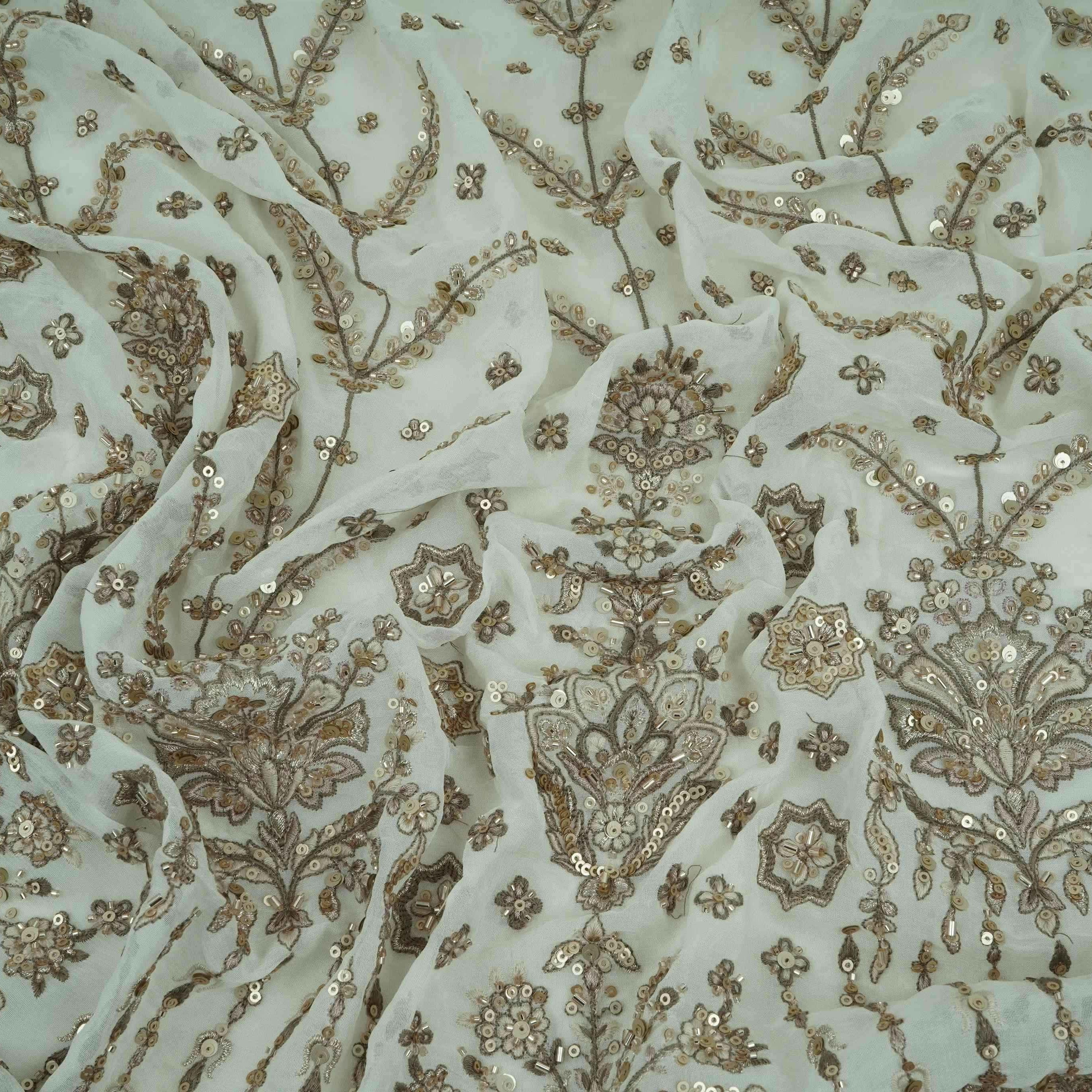 Off White Mughal Bird & Floral Jaal Embroidery Georgette Fabric DR-32393 - TradeUNO