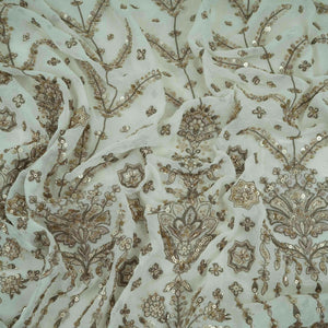Off White Mughal Bird & Floral Jaal Embroidery Georgette Fabric DR-32393 - TradeUNO