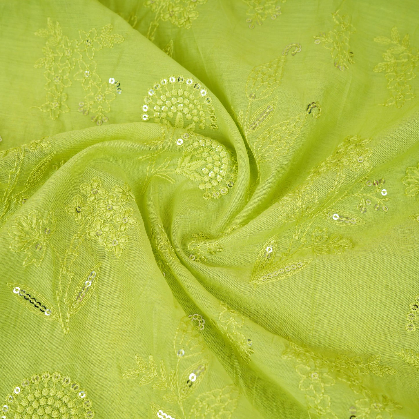 Light Green Floral Embroidery Mul Chanderi Fabric DC-30346
