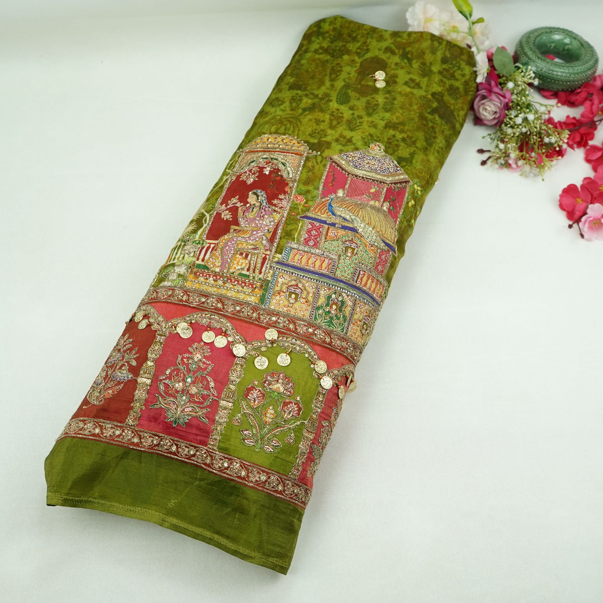 Olive Green Zari Position Embroidery Kanjivaram Silk Fabric SU-35485