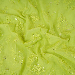 Light Green Floral Embroidery Mul Chanderi Fabric DC-30346 - TradeUNO