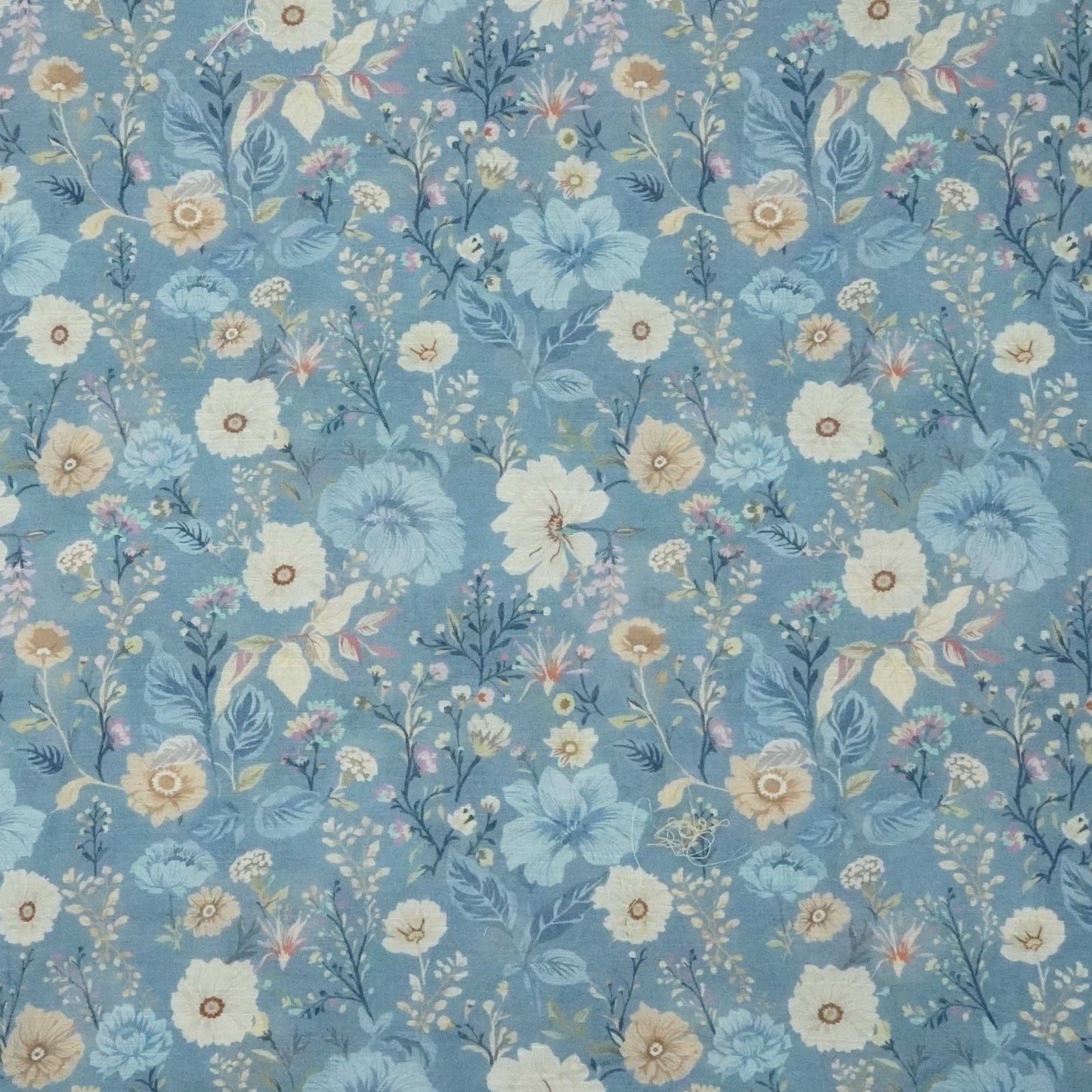 Denim Blue Floral Print Cotton Linen Fabric RT-30912