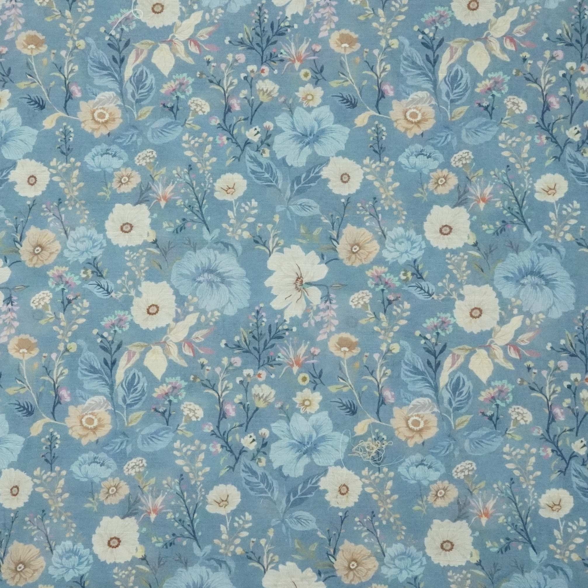 Denim Blue Floral Print Cotton Linen Fabric RT-30912 - TradeUNO