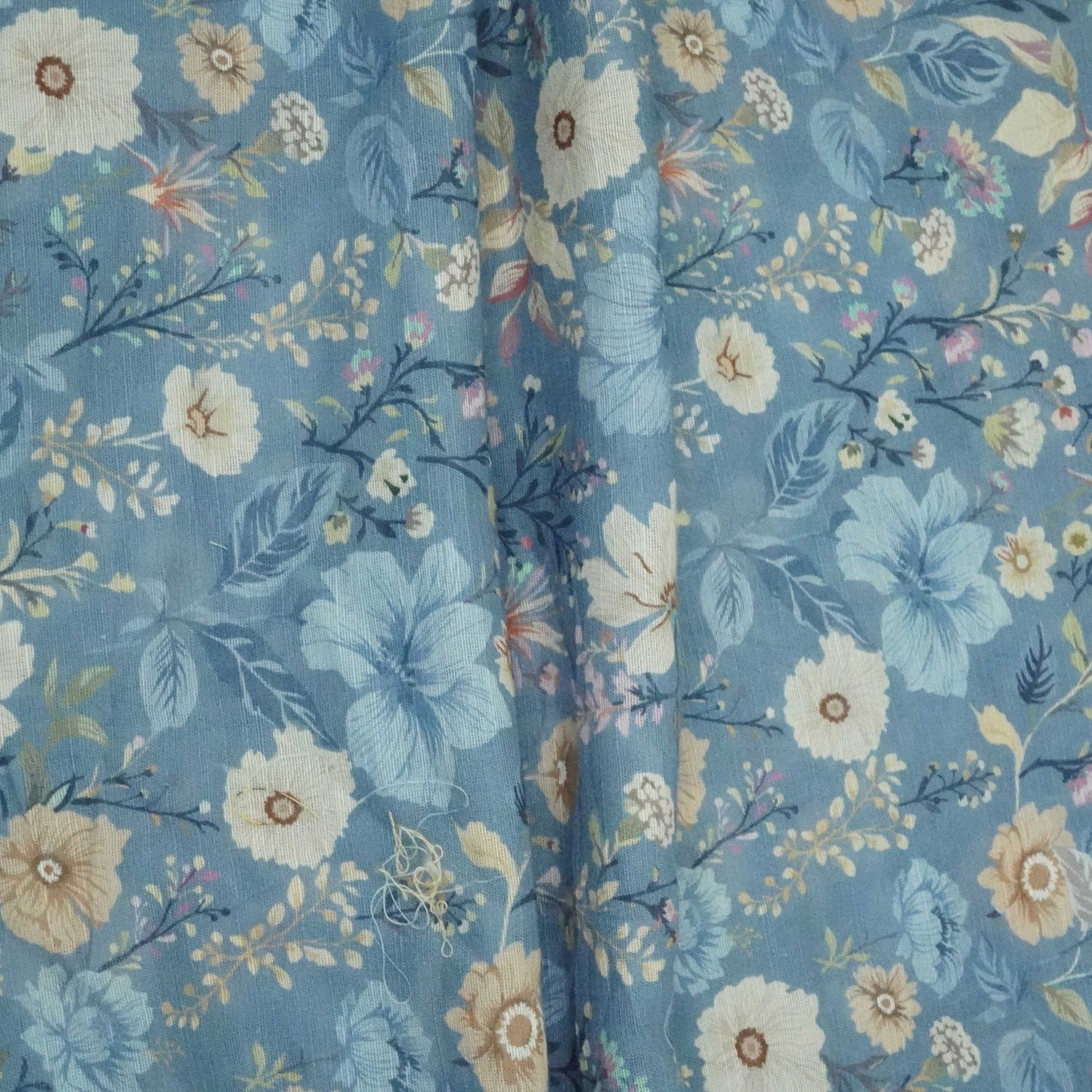 Denim Blue Floral Print Cotton Linen Fabric RT-30912