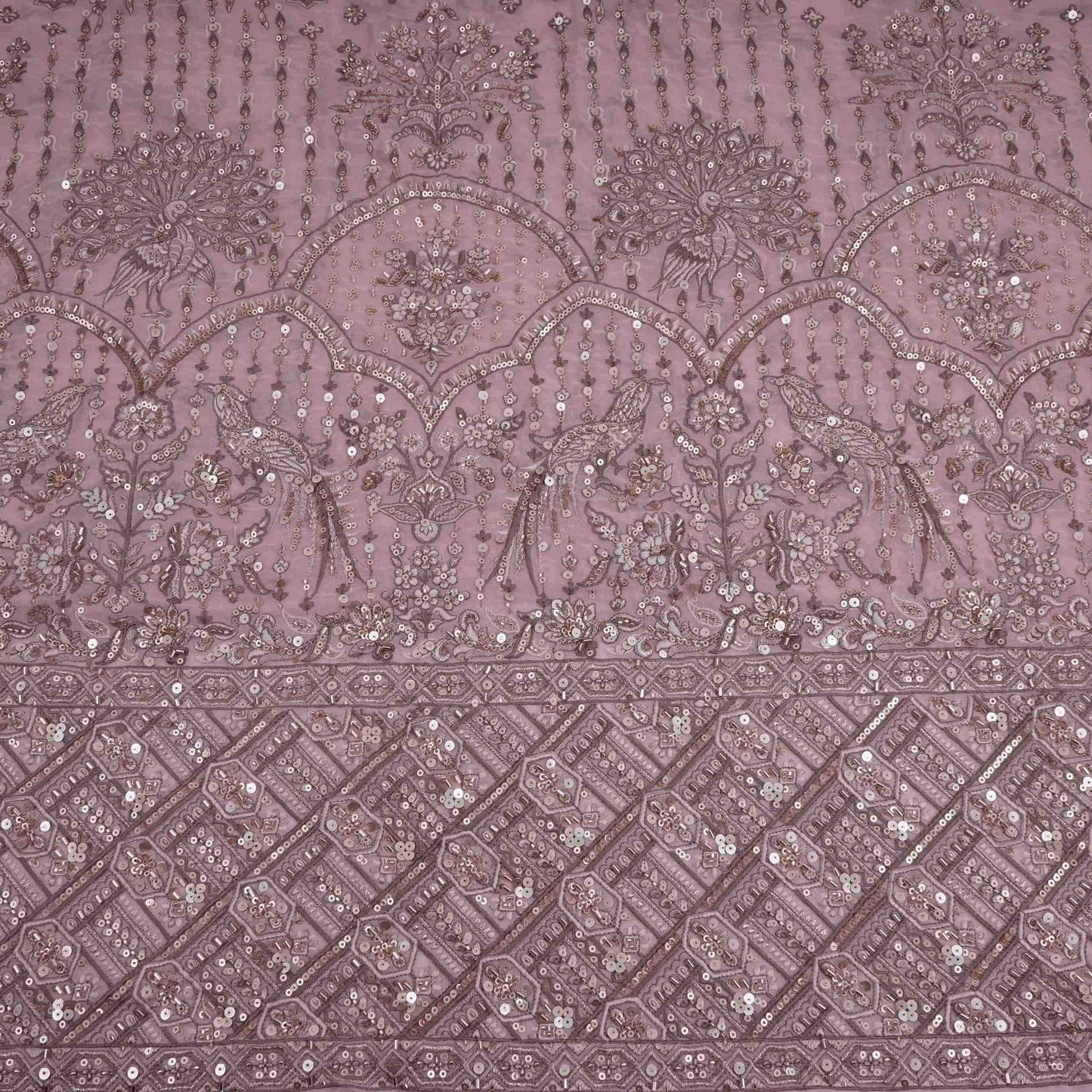 Peach Mughal Bird & Floral Jaal Embroidery Georgette Fabric DR-32392