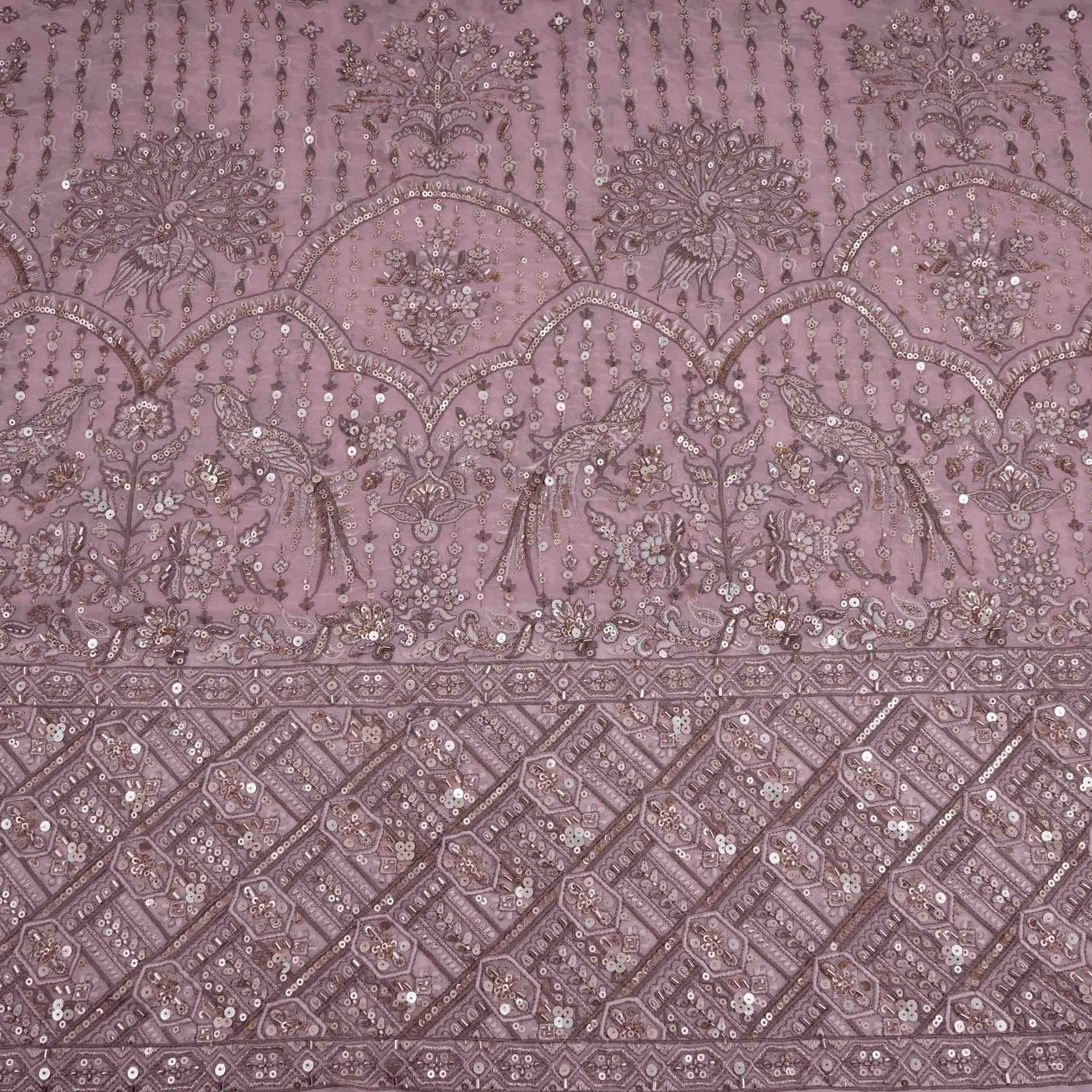 Peach Mughal Bird & Floral Jaal Embroidery Georgette Fabric DR-32392 - TradeUNO