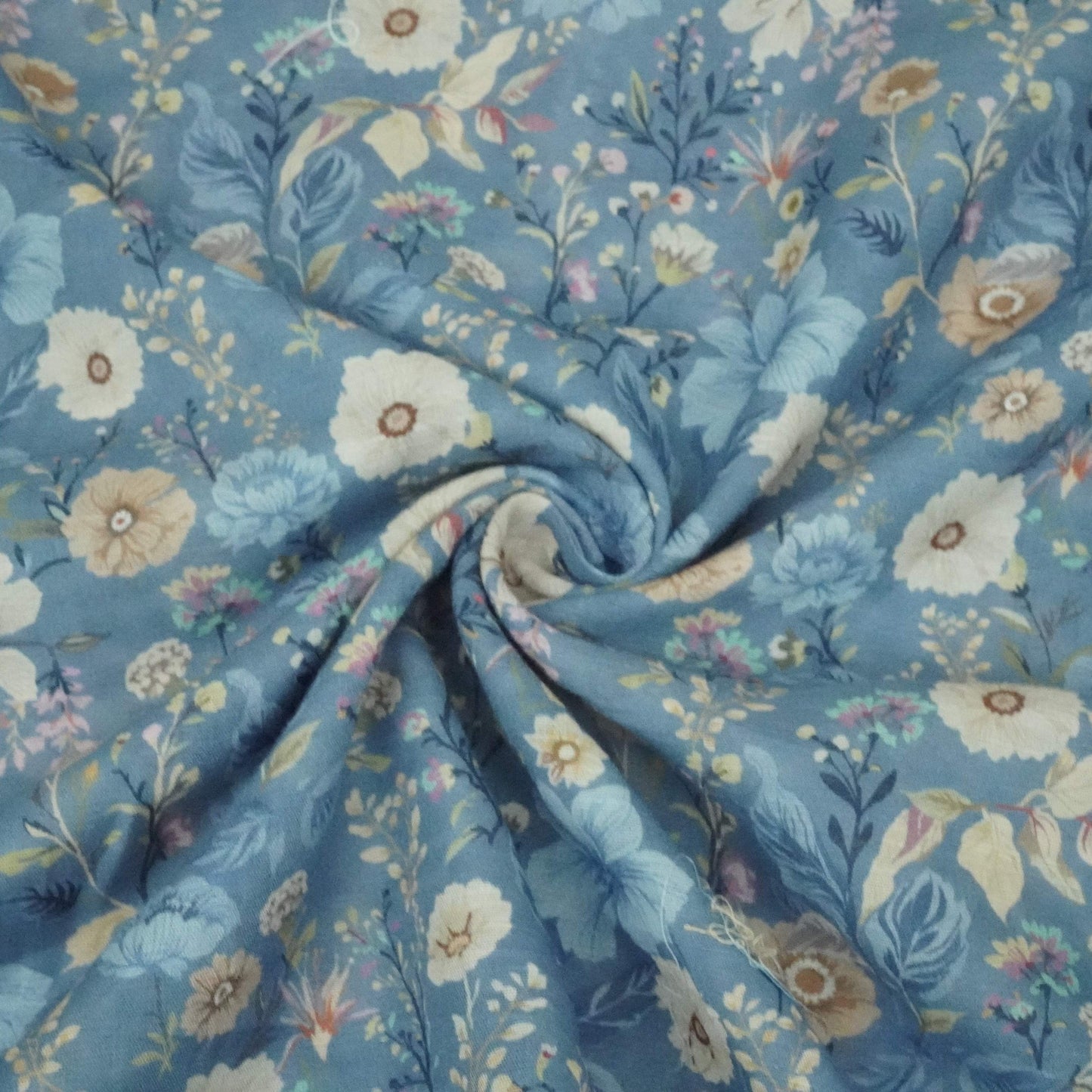 Denim Blue Floral Print Cotton Linen Fabric RT-30912