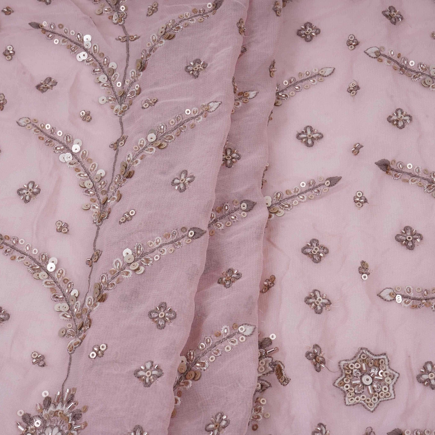 Peach Mughal Bird & Floral Jaal Embroidery Georgette Fabric DR-32392