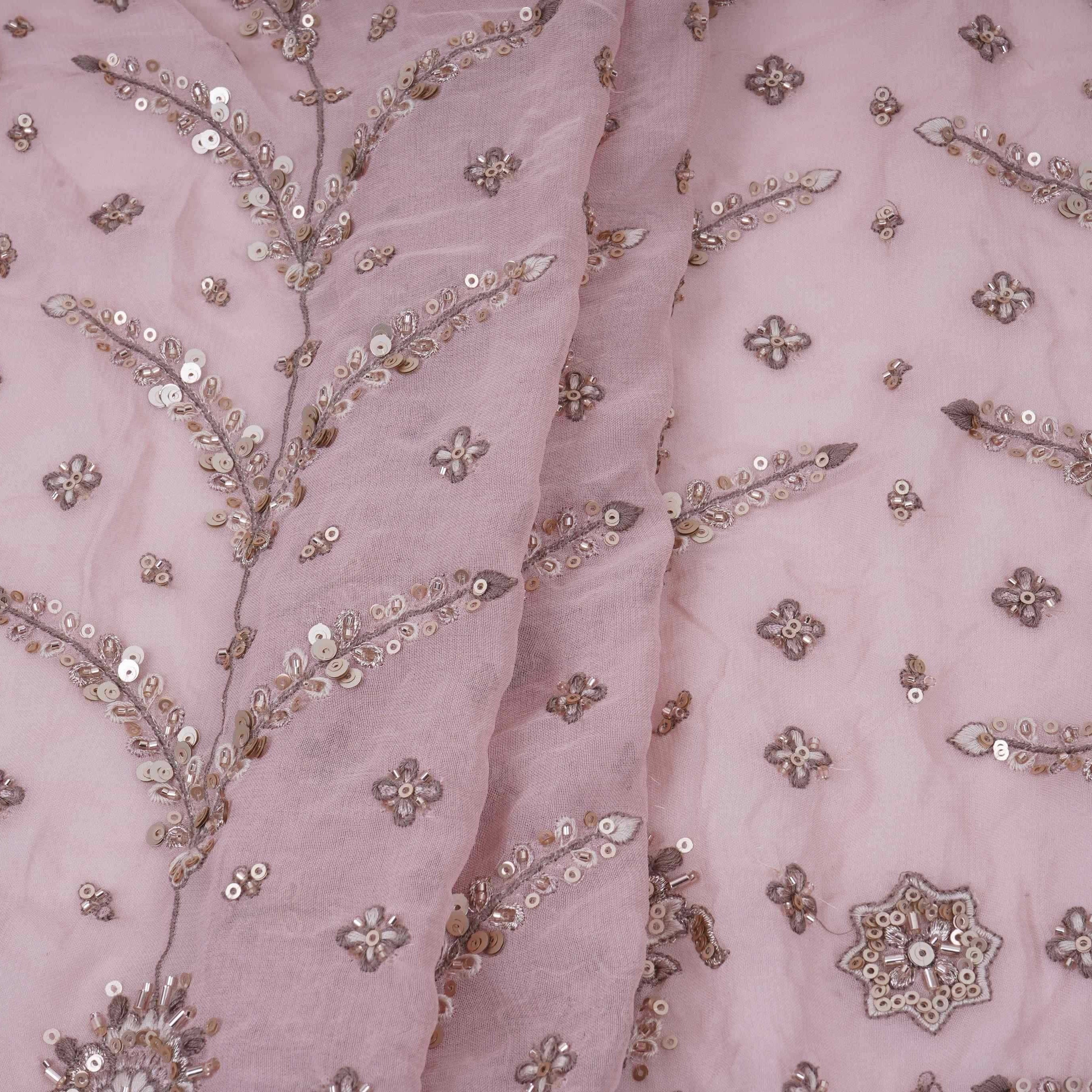 Peach Mughal Bird & Floral Jaal Embroidery Georgette Fabric DR-32392 - TradeUNO