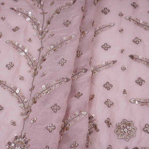 Peach Mughal Bird & Floral Jaal Embroidery Georgette Fabric DR-32392 - TradeUNO