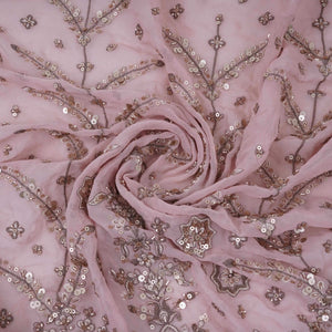 Peach Mughal Bird & Floral Jaal Embroidery Georgette Fabric DR-32392 - TradeUNO