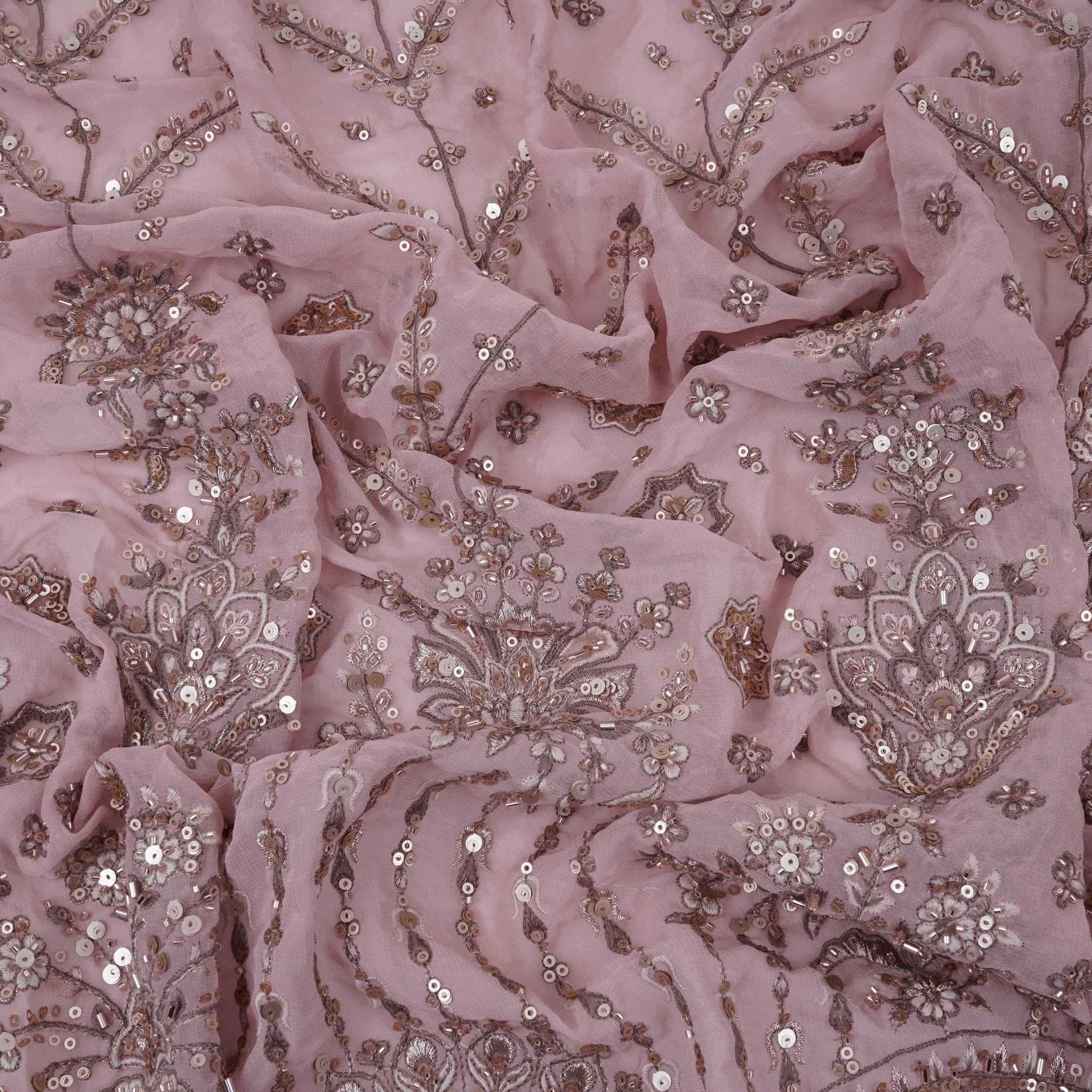 Peach Mughal Bird & Floral Jaal Embroidery Georgette Fabric DR-32392 - TradeUNO