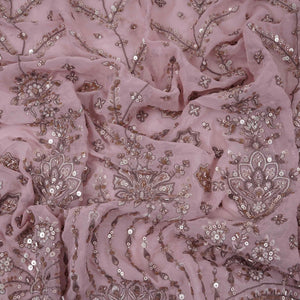 Peach Mughal Bird & Floral Jaal Embroidery Georgette Fabric DR-32392 - TradeUNO