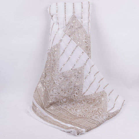 White Dyeable Zari Stripes With Sequins Embroidery Georgette Fabric DR-32372