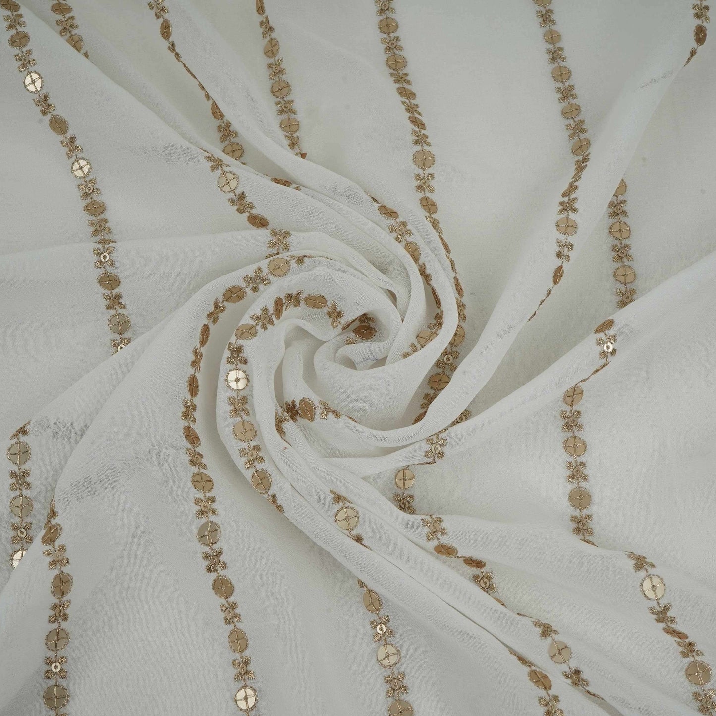 White Dyeable Zari Stripes With Sequins Embroidery Georgette Fabric DR-32372