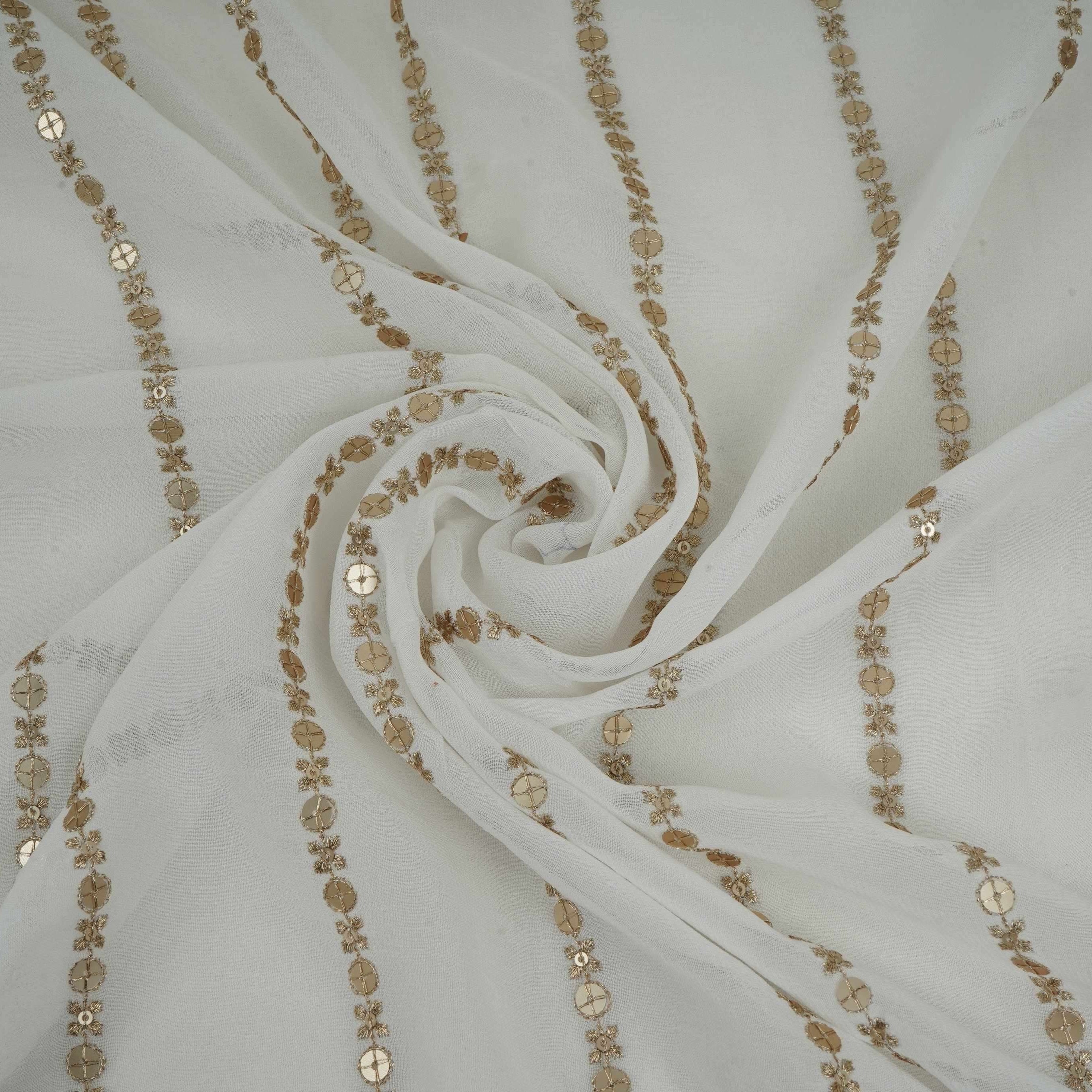 White Dyeable Zari Stripes With Sequins Embroidery Georgette Fabric DR-32372 - TradeUNO
