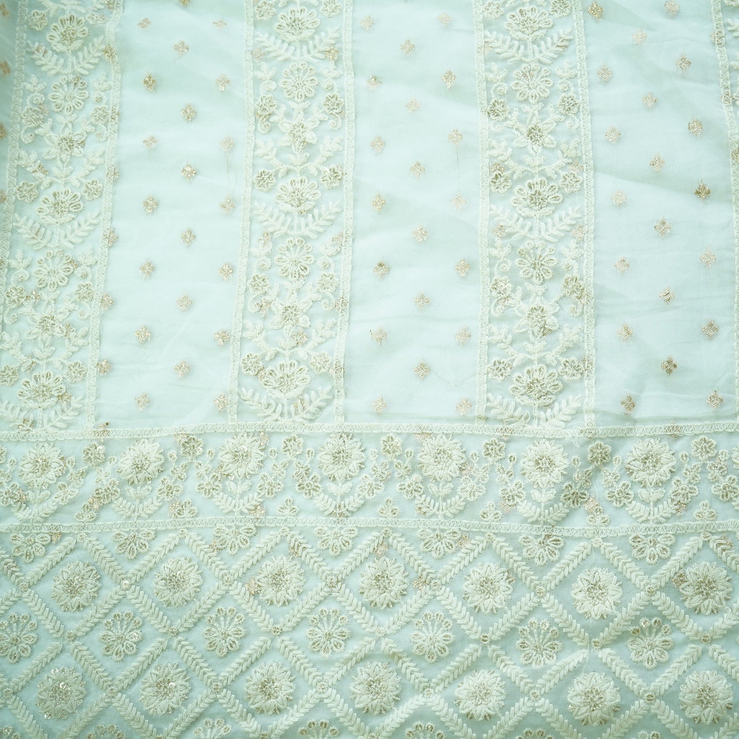 Classic White Floral Chikankari Work Dyeable Organza Jacquard Fabric