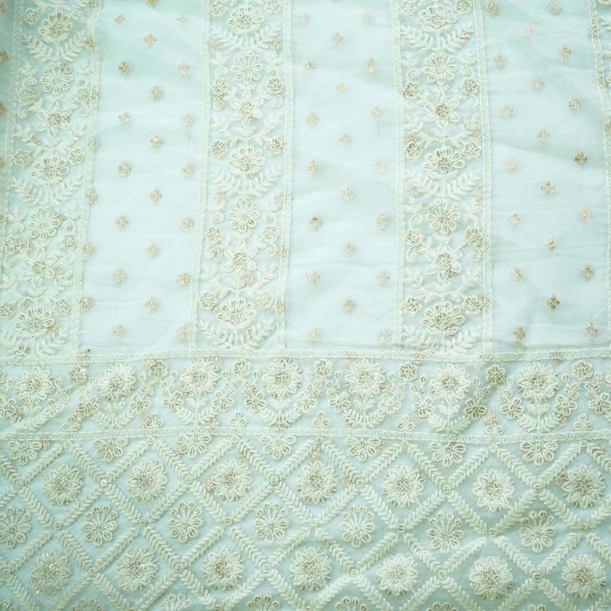 Classic White Floral Chikankari Work Dyeable Organza Jacquard Fabric