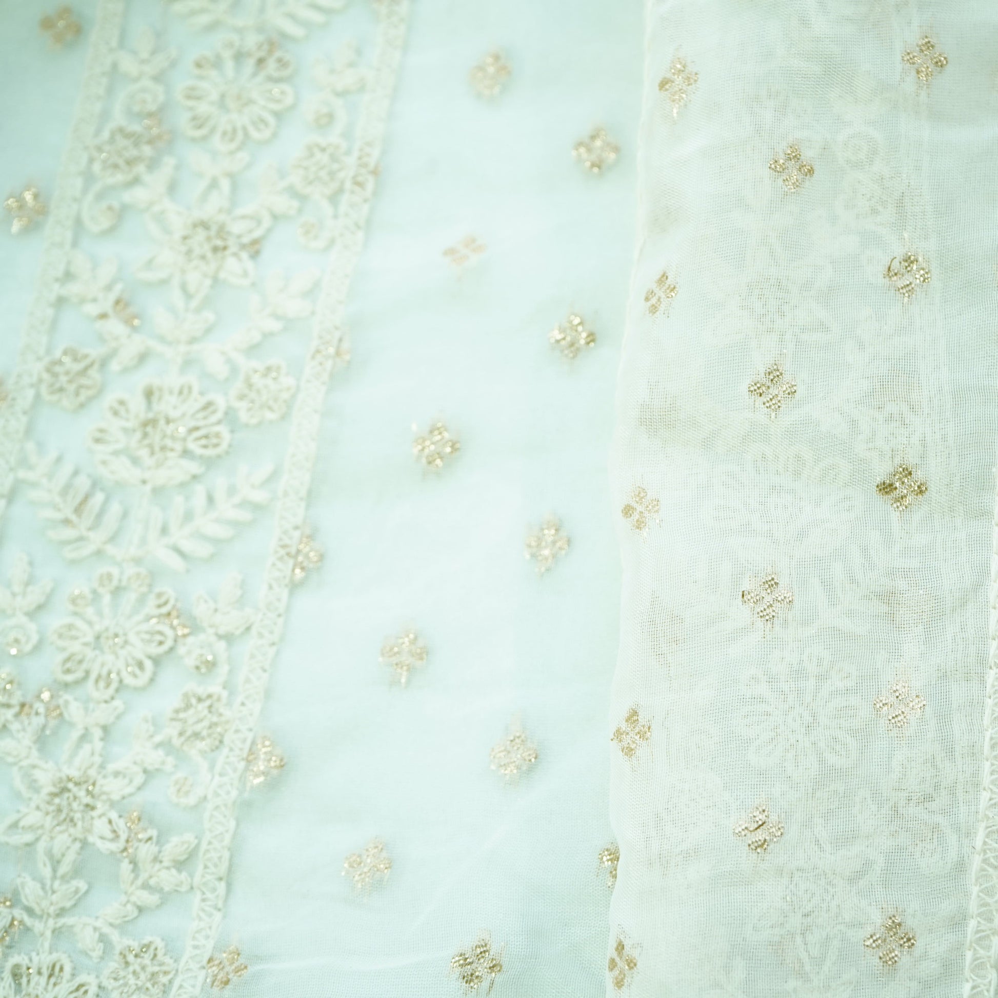Classic White Floral Chikankari Work Dyeable Organza Jacquard Fabric