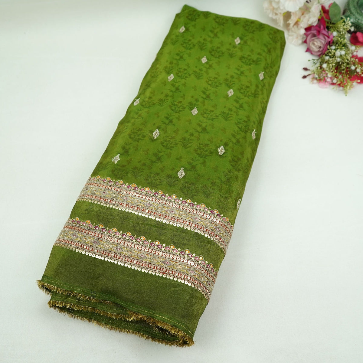 Olive Green Buti Zari Embroidery Kanjivaram Silk Fabric SU-35487